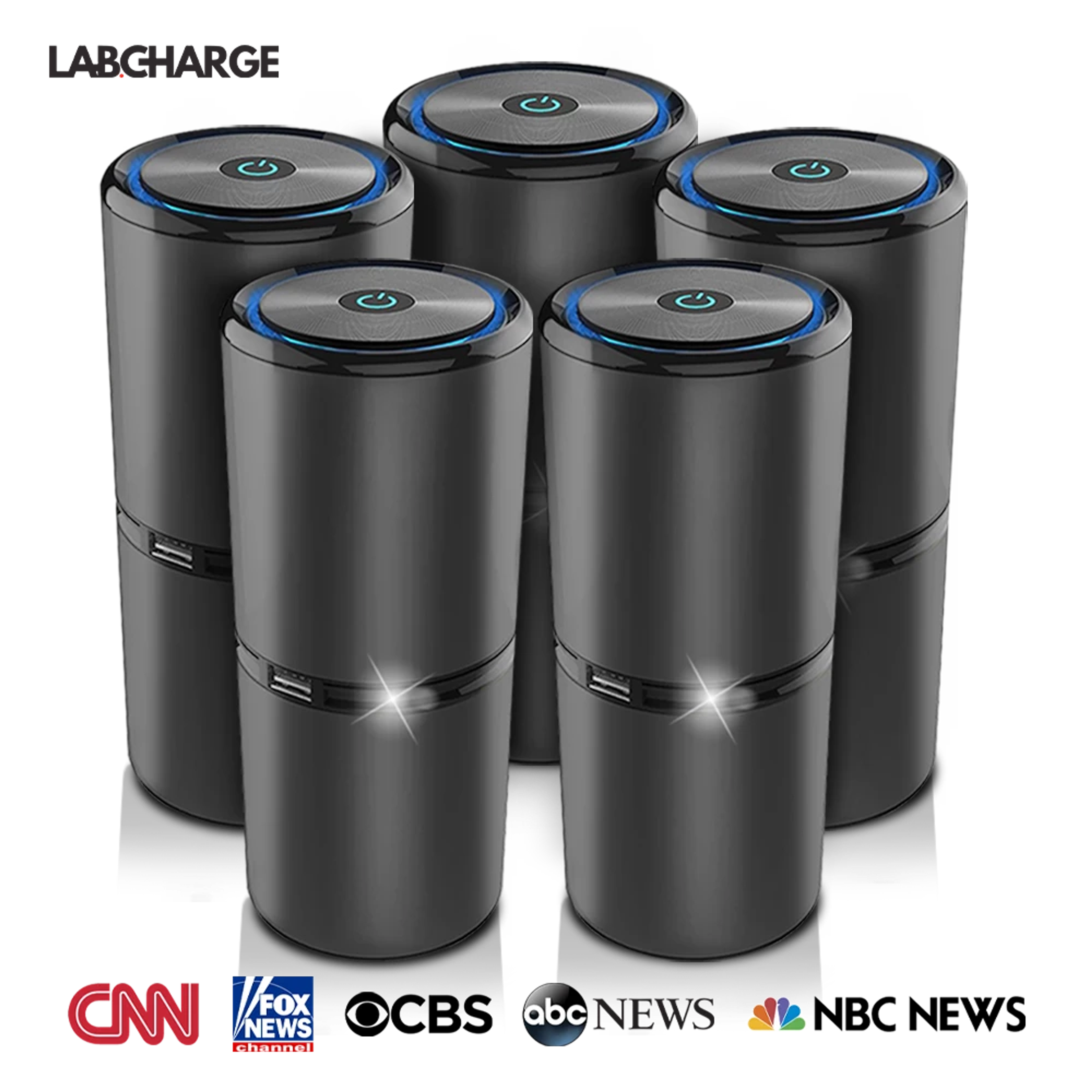 Five ionic air purifiers displayed together