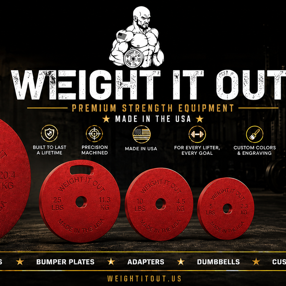 Weight It Out premium strength equipment advertisement, featuring red weight plates and a gold dumbbell, with text "Made in the USA".