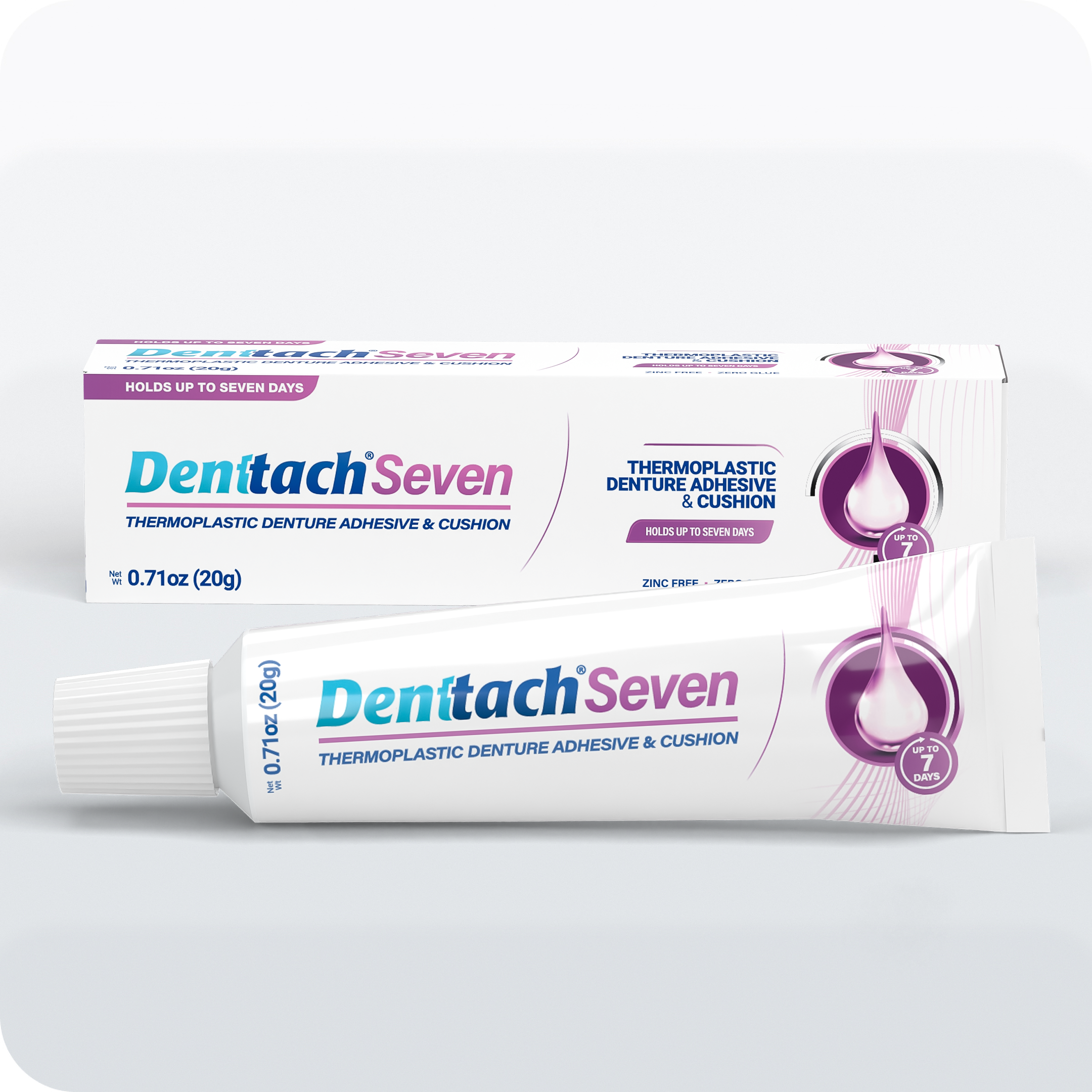 Denttach Seven thermoplastic denture adhesive and cushion in a 0.71oz (20g) tube and its packaging box, highlighting a 7-day hold.