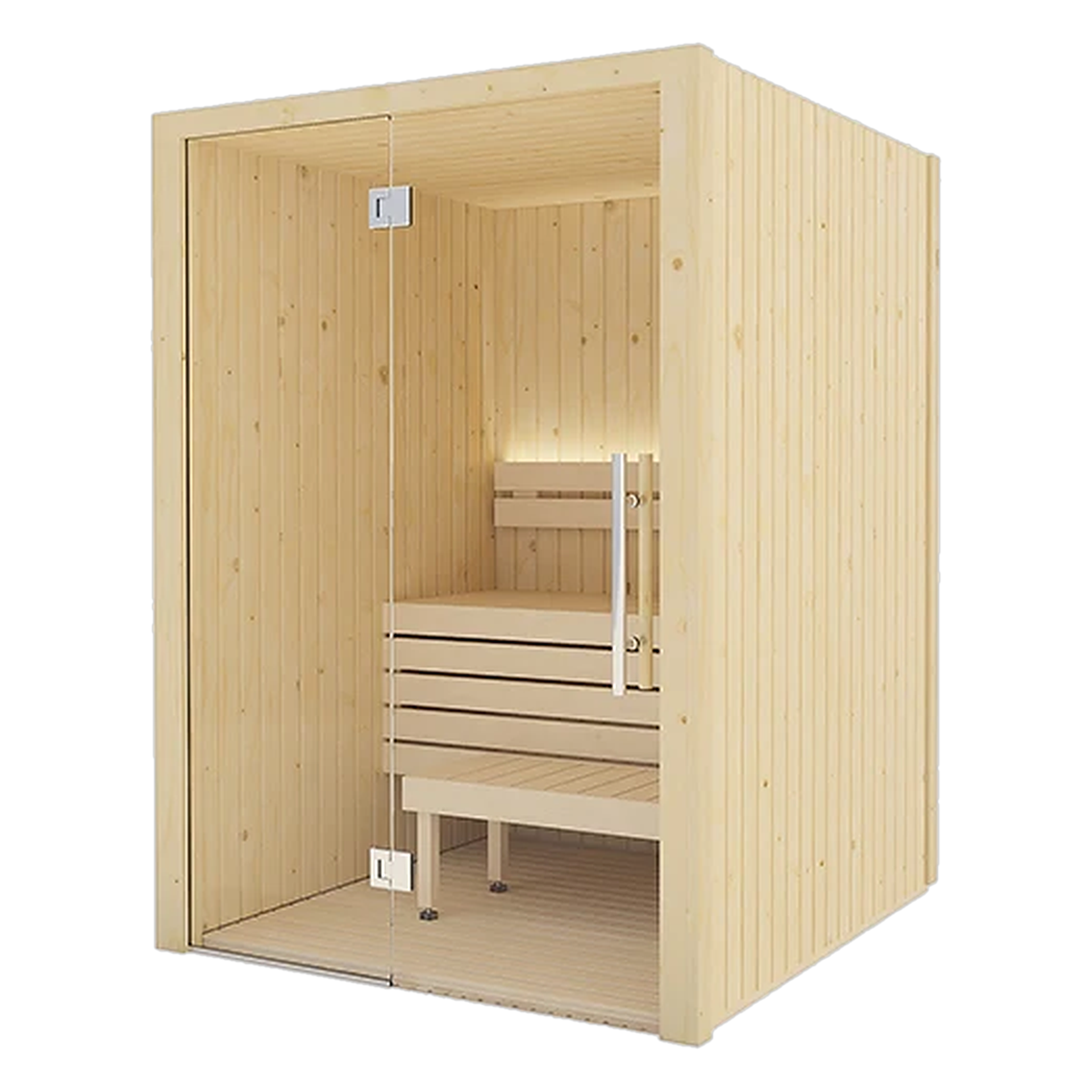A light-colored wooden sauna cabin with a clear glass door, metal handle, and two wooden benches inside.