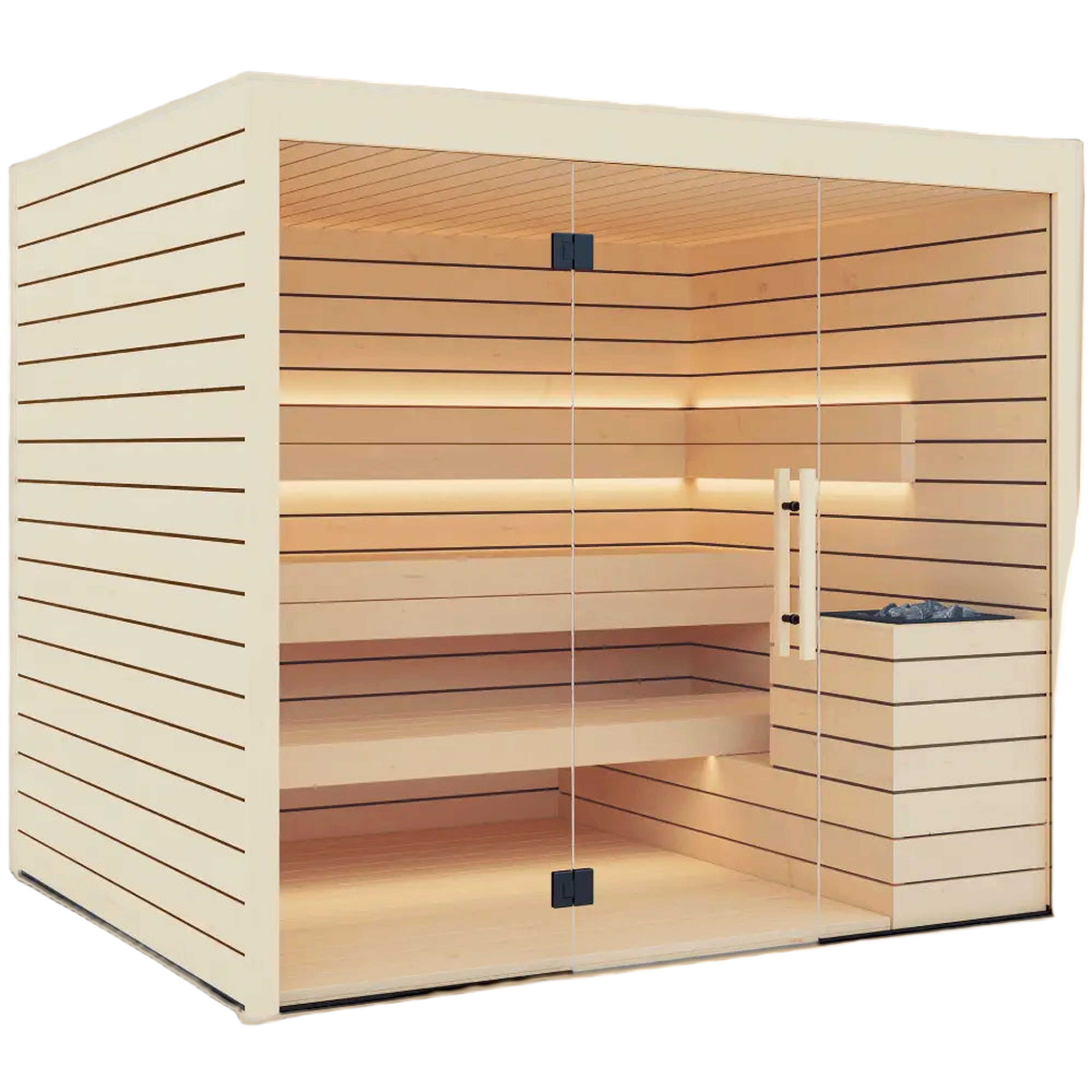 Lumina indoor sauna cabin with wood benches and heater