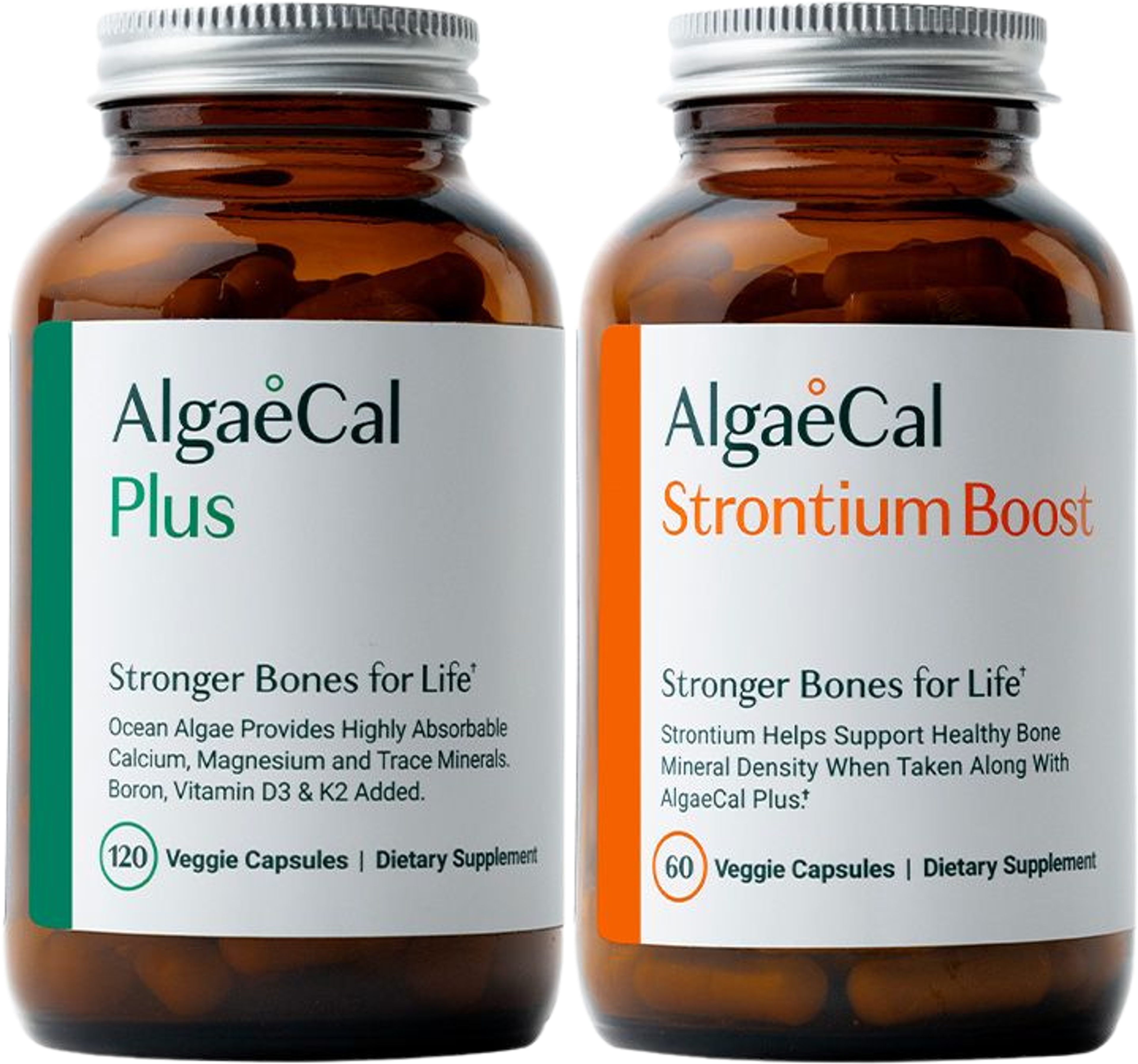 Two bottles of AlgaeCal supplements: AlgaeCal Plus and AlgaeCal Strontium Boost.
