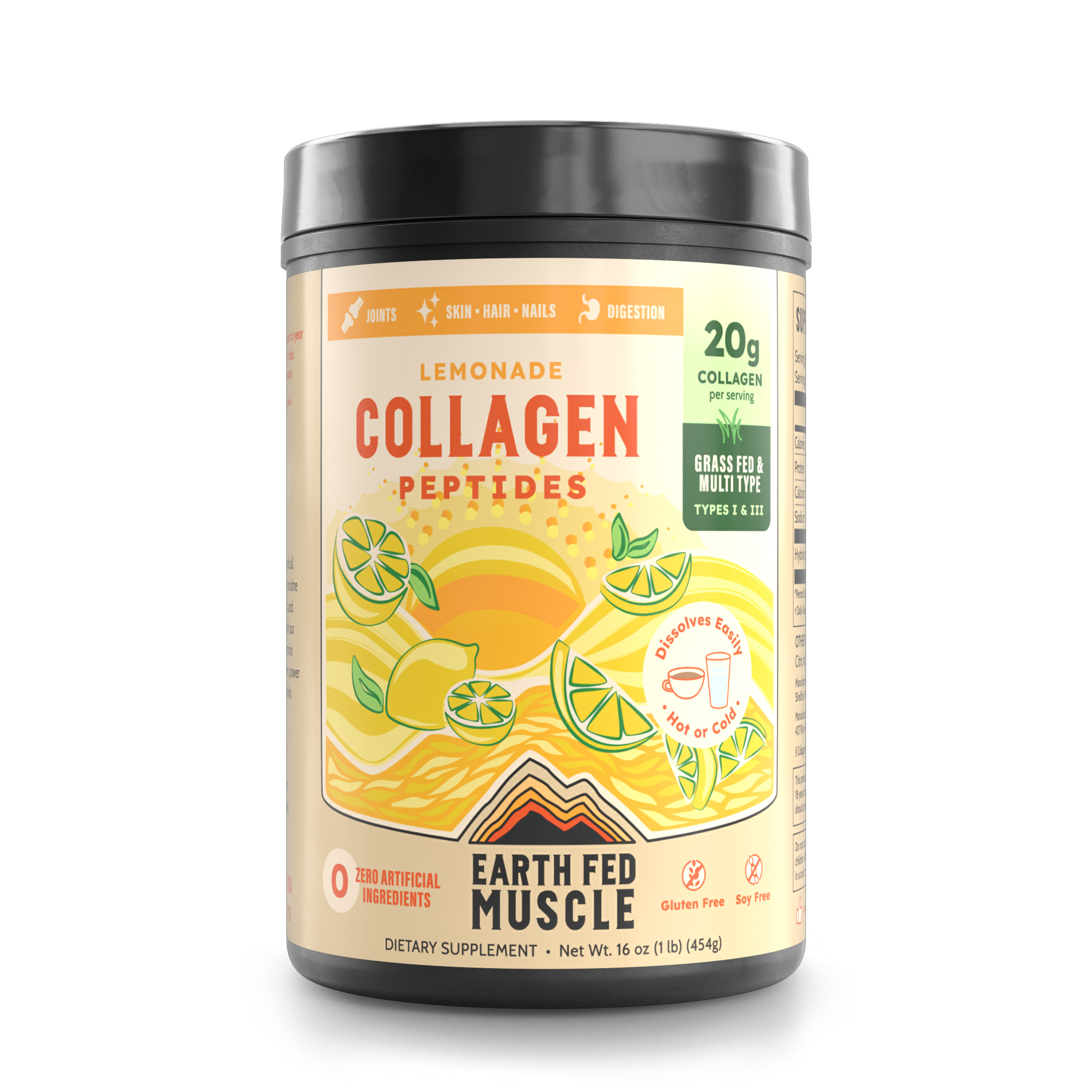 Collagen lemonade tub with lemon and scoop of powder