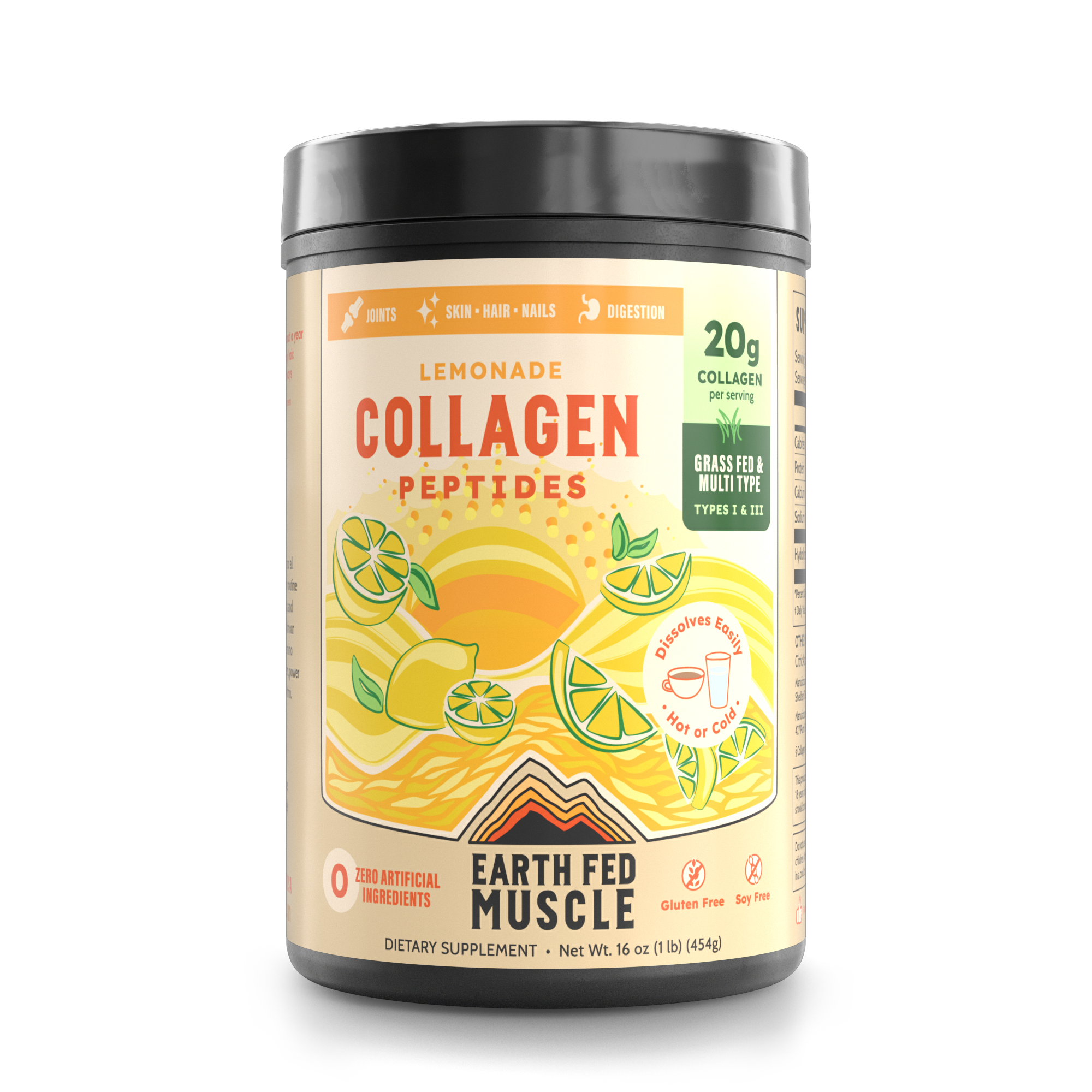Collagen lemonade tub with lemon and scoop of powder