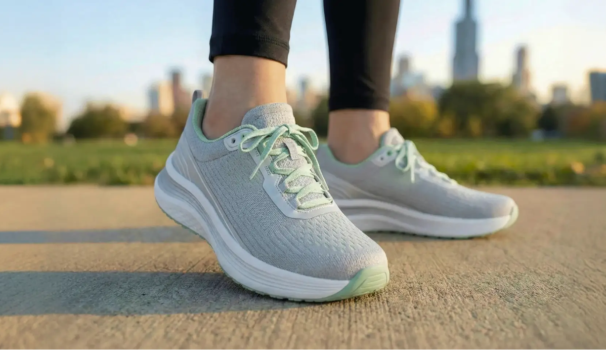 Closeup of woman wearing Orthofeet shoes