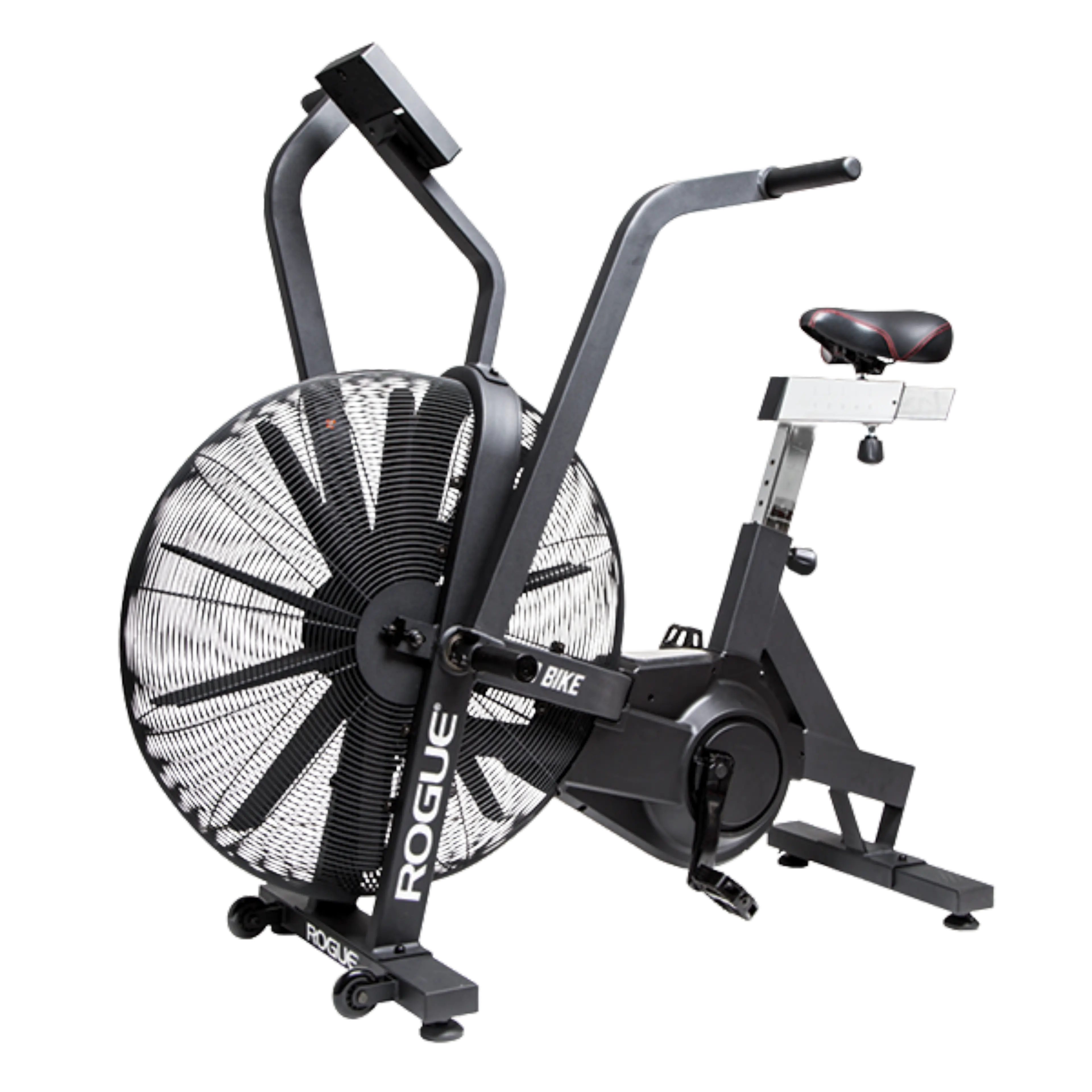 Black Rogue air bike with a large front fan and moving handlebars.