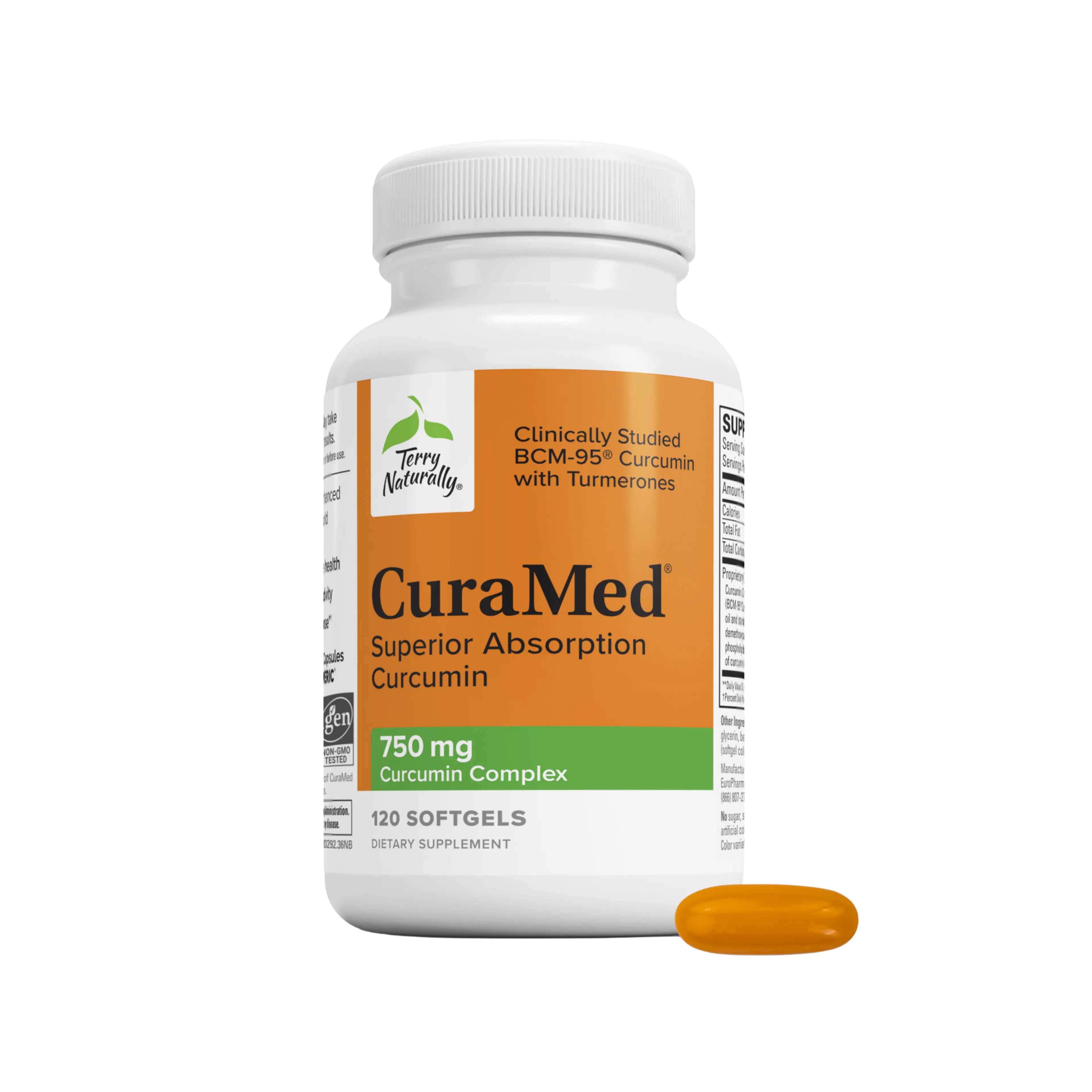 Terry Naturally CuraMed Curcumin Complex 750mg 120 softgels bottle with one softgel.