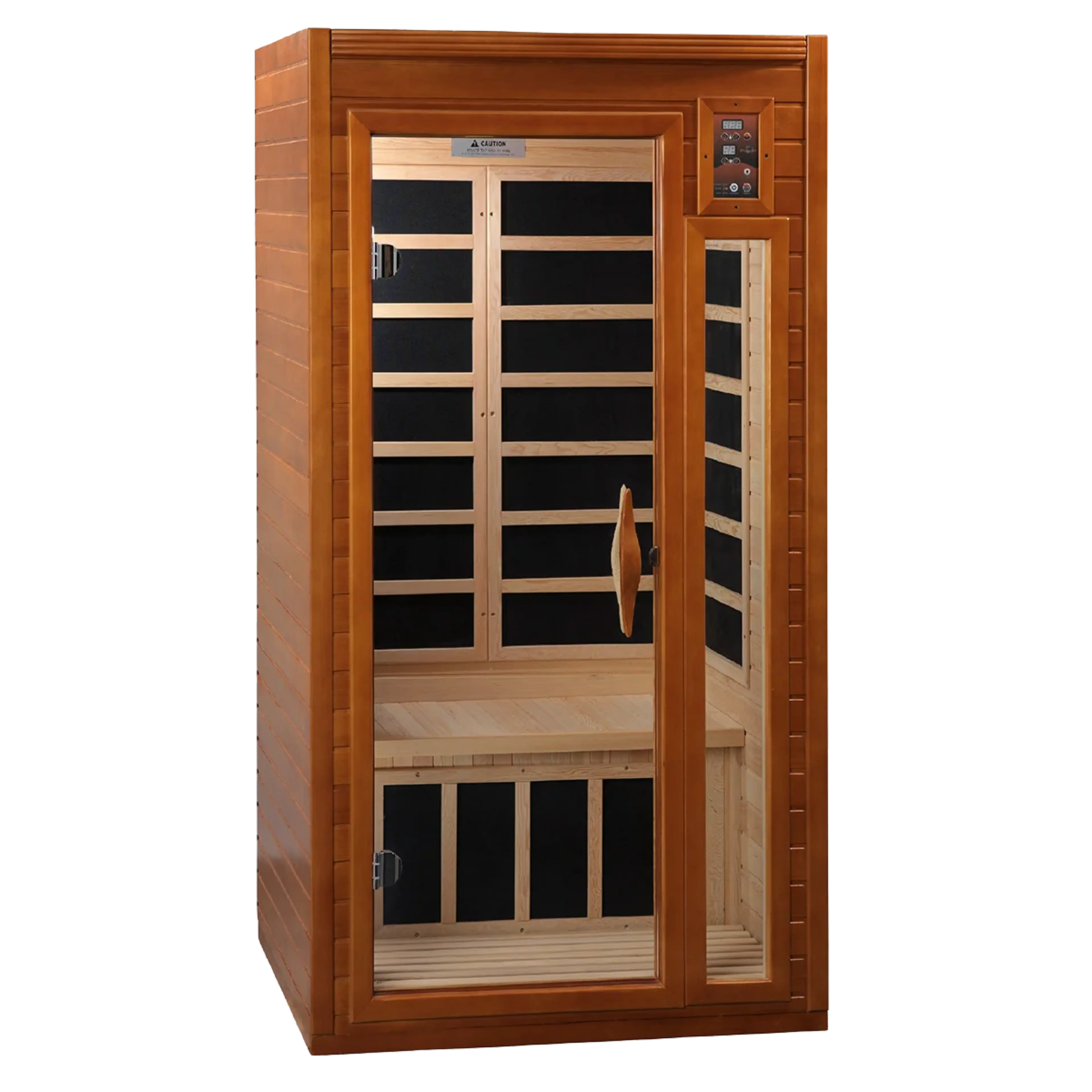 Wooden infrared sauna cabin with a glass door and interior bench.