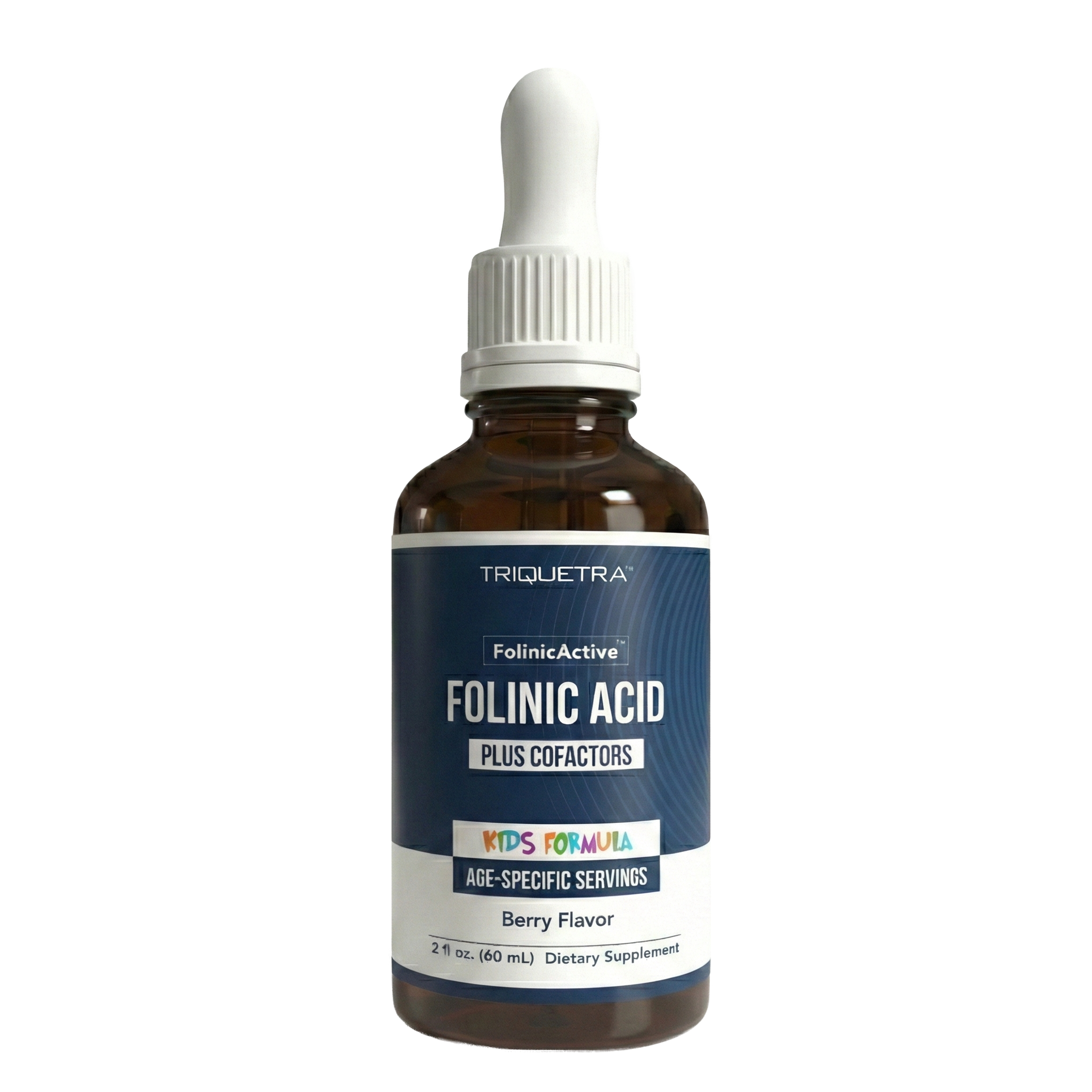 A bottle of Triquetra Folinic Acid Plus Cofactors Kids Formula Berry Flavor dietary supplement with a dropper.