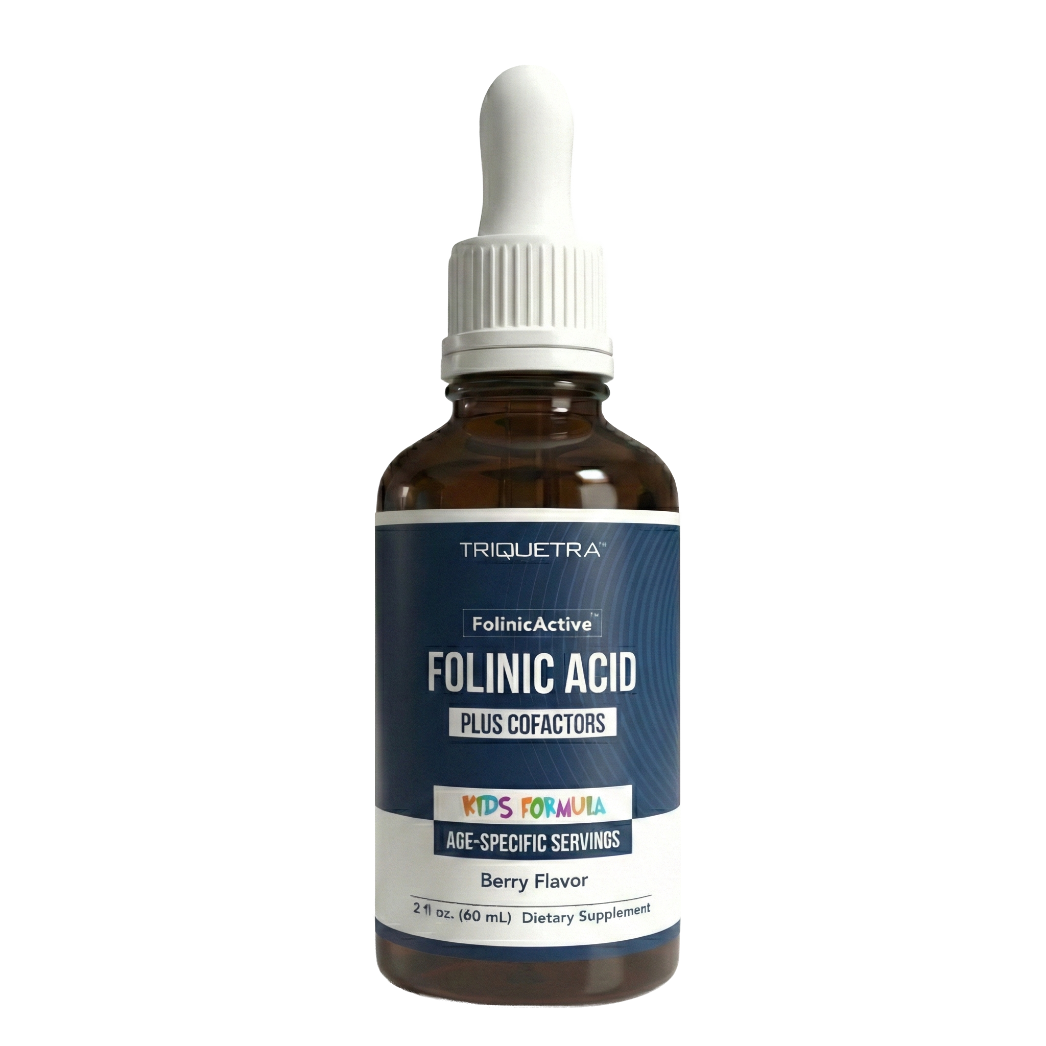 A bottle of Triquetra Folinic Acid Plus Cofactors Kids Formula Berry Flavor dietary supplement with a dropper.