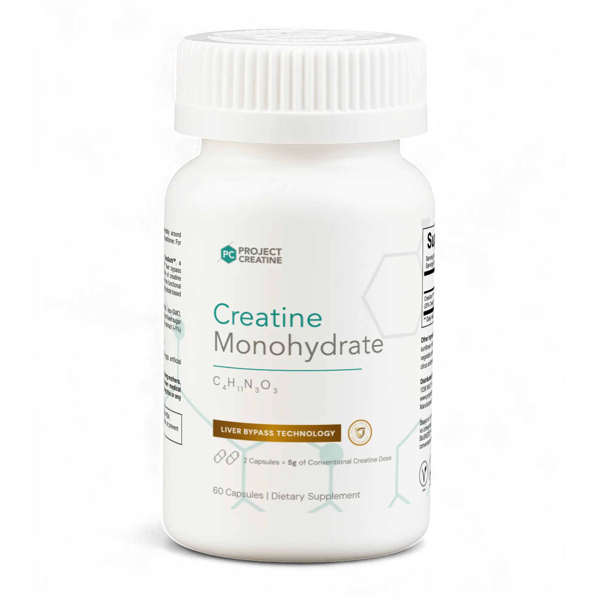 White bottle of Project Creatine Monohydrate dietary supplement, 60 capsules.