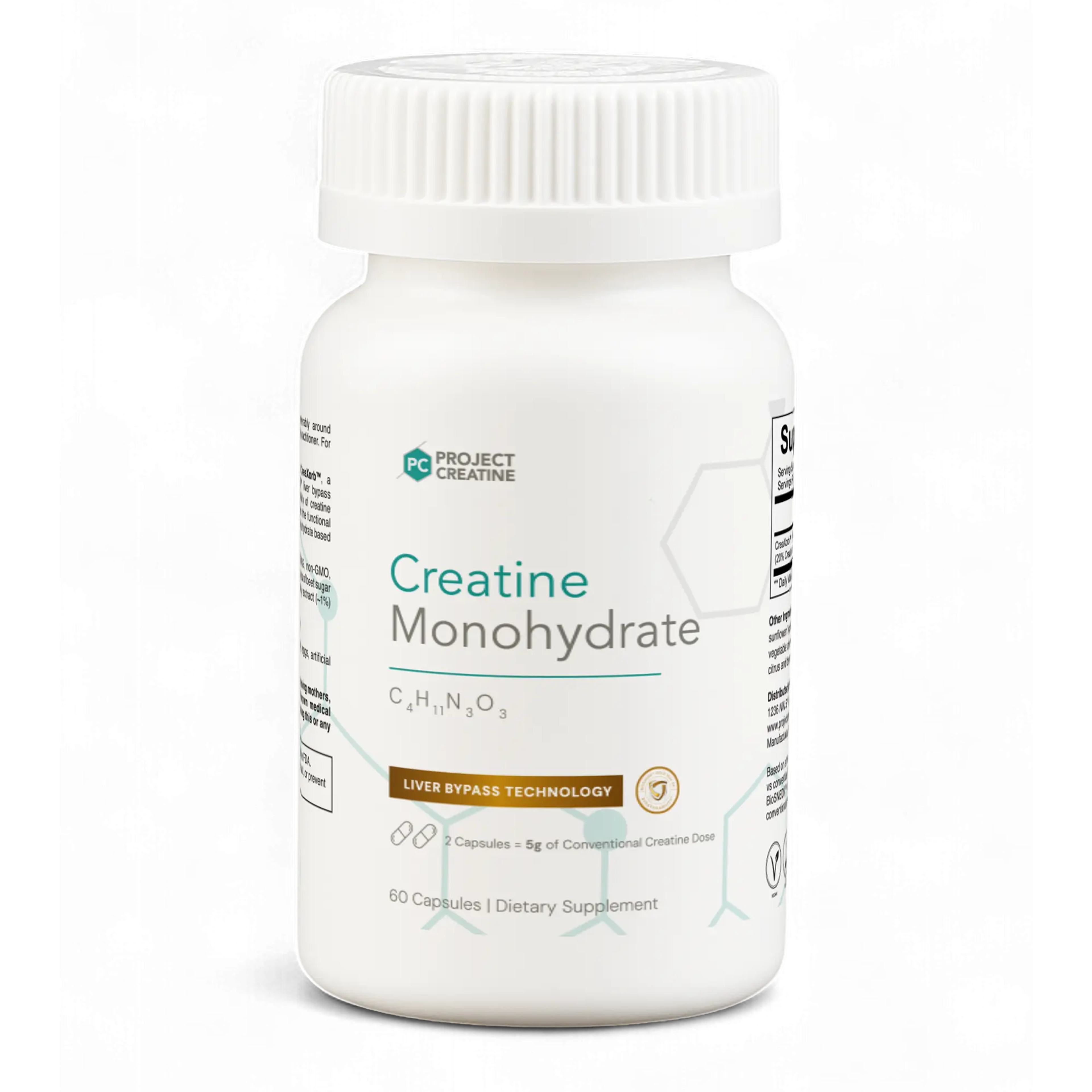 White bottle of Project Creatine Monohydrate dietary supplement, 60 capsules.