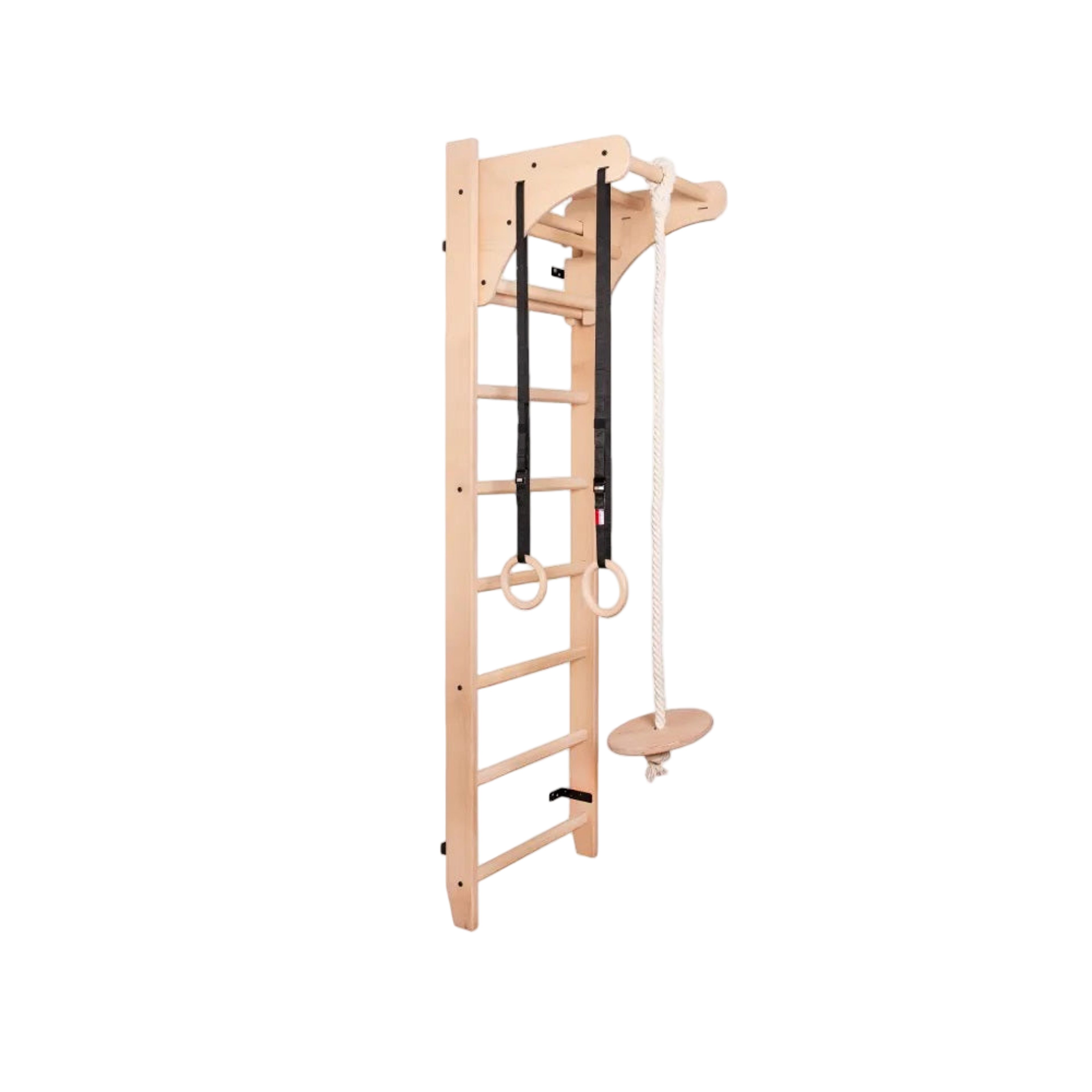 Wooden wall bar with rings and rope swing in kids room