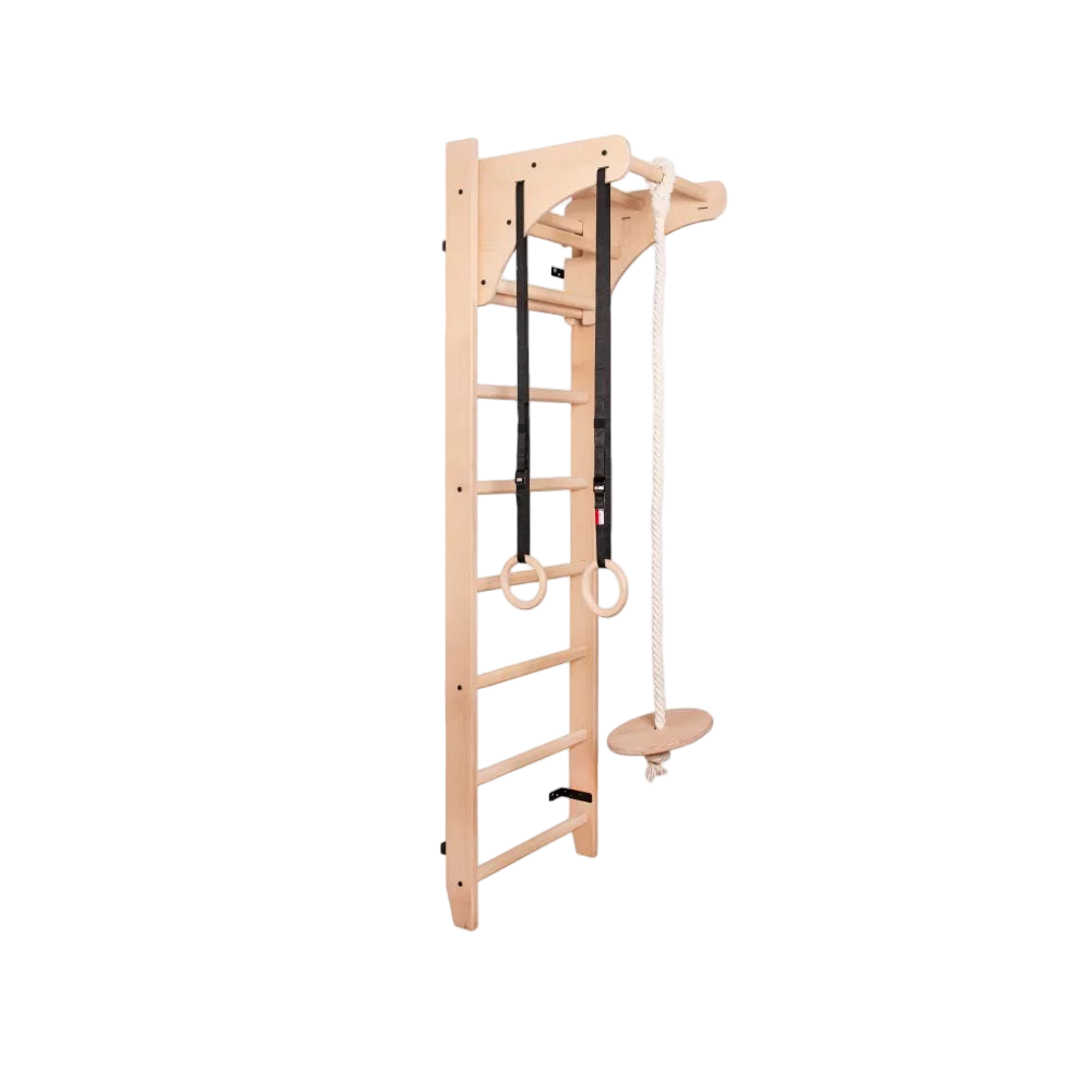 Wooden wall bar with rings and rope swing in kids room