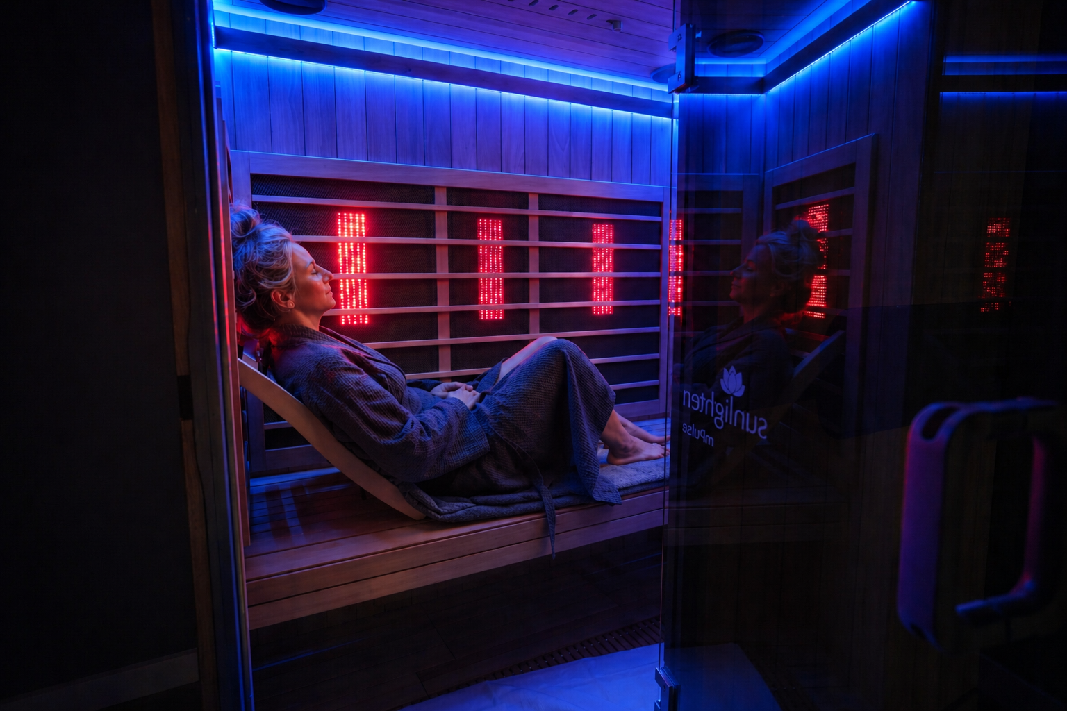A woman in a bathrobe relaxes on a wooden bench inside an infrared sauna, illuminated by red light panels and blue ambient lights.