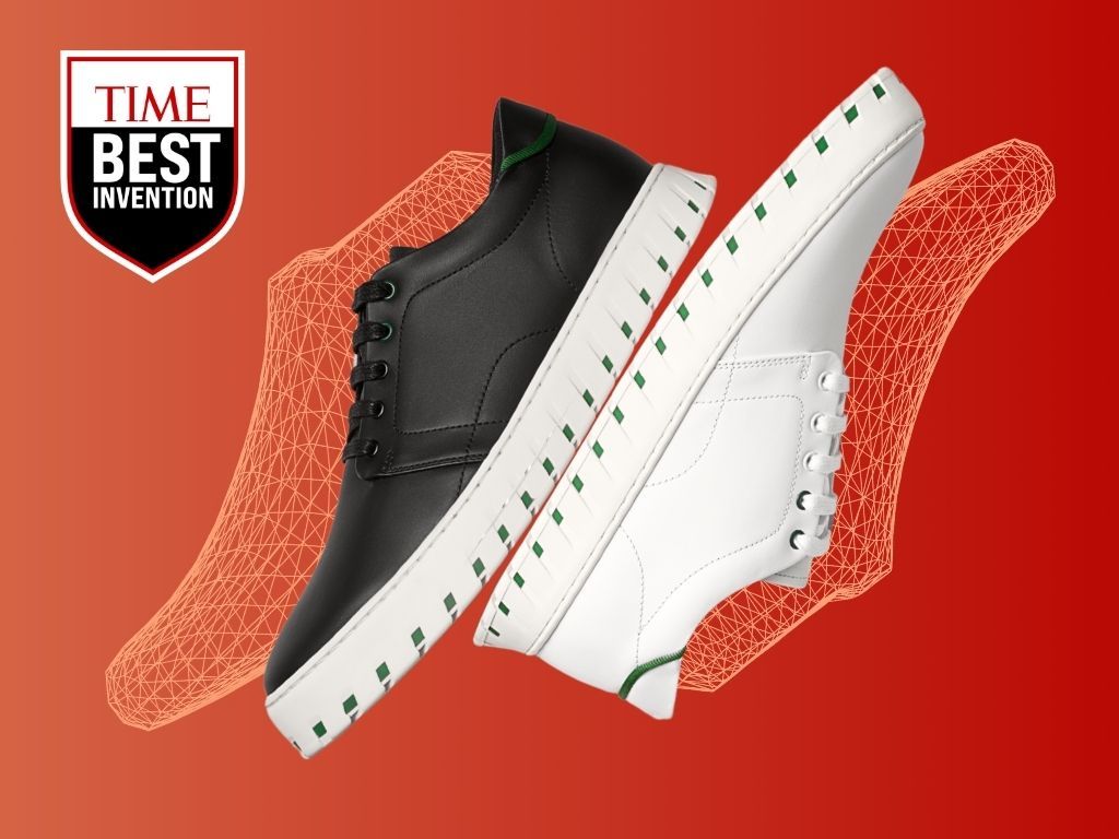 Black and white sneakers with green accents, floating over orange wireframe foot molds, with a "TIME BEST INVENTION" badge on a red background.