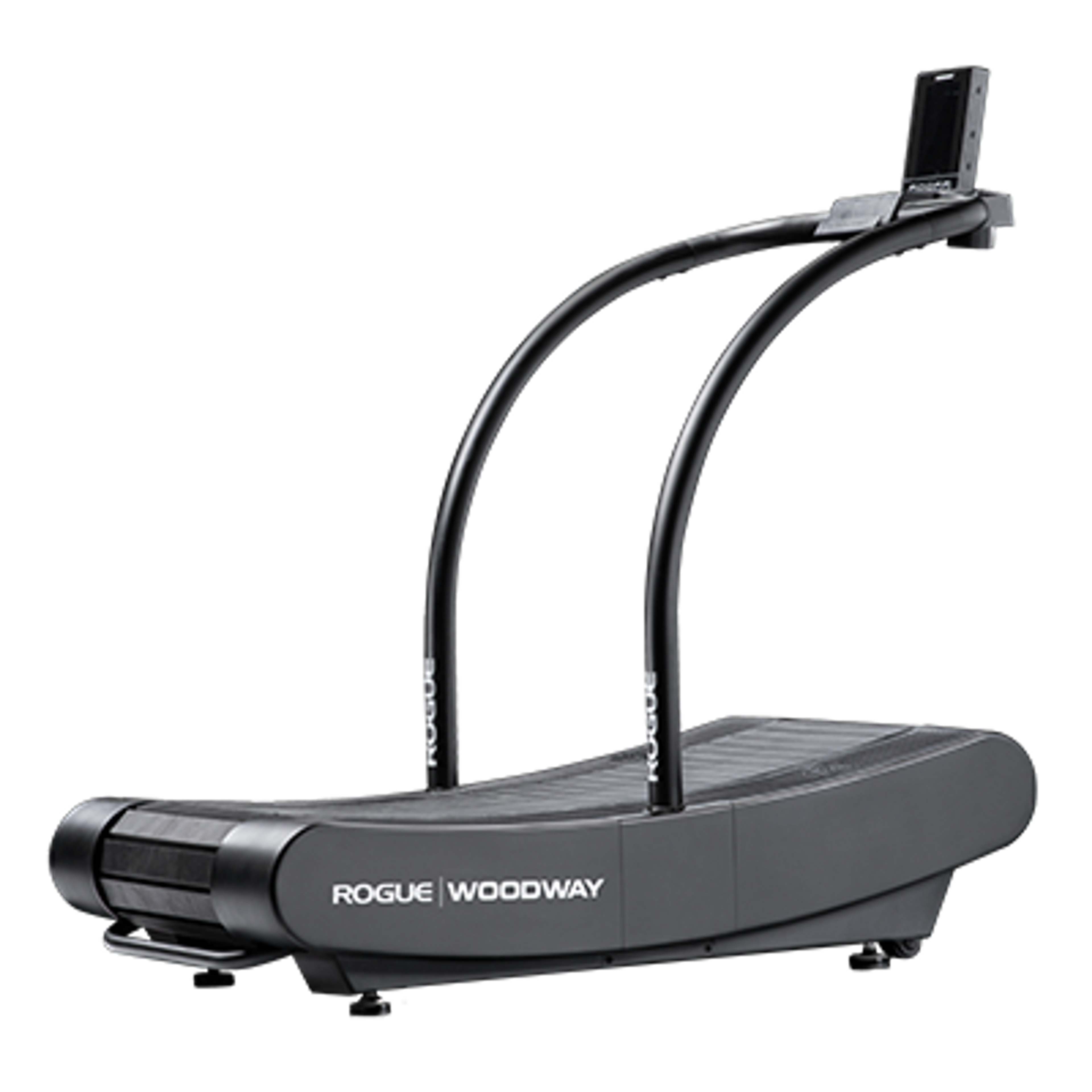 Black Rogue Woodway curved treadmill with a digital display and handlebars.