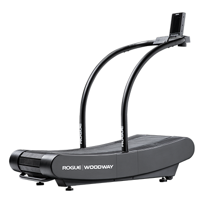 Black Rogue Woodway curved treadmill with a digital display and handlebars.