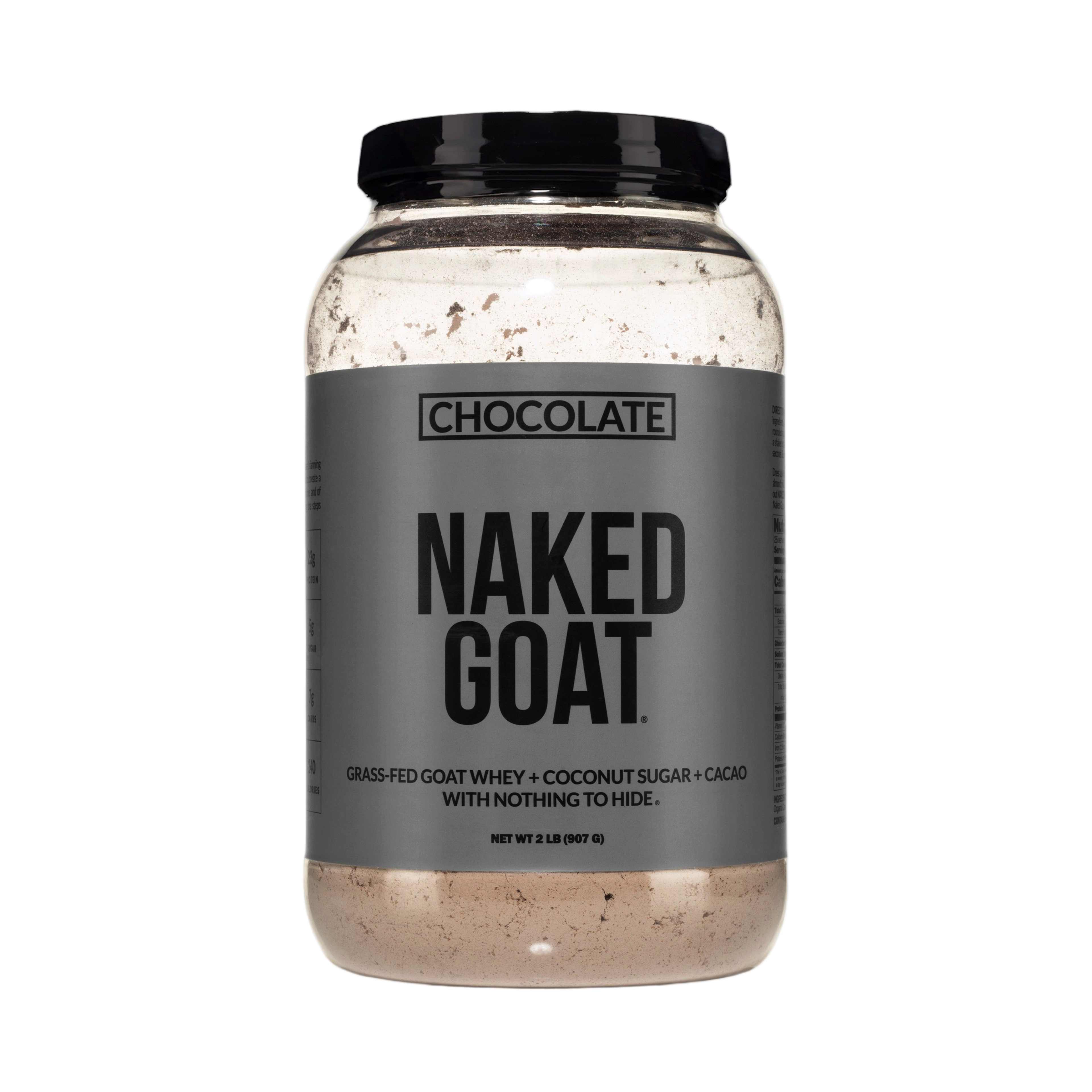 Chocolate goat whey protein powder tub, 2 lb size