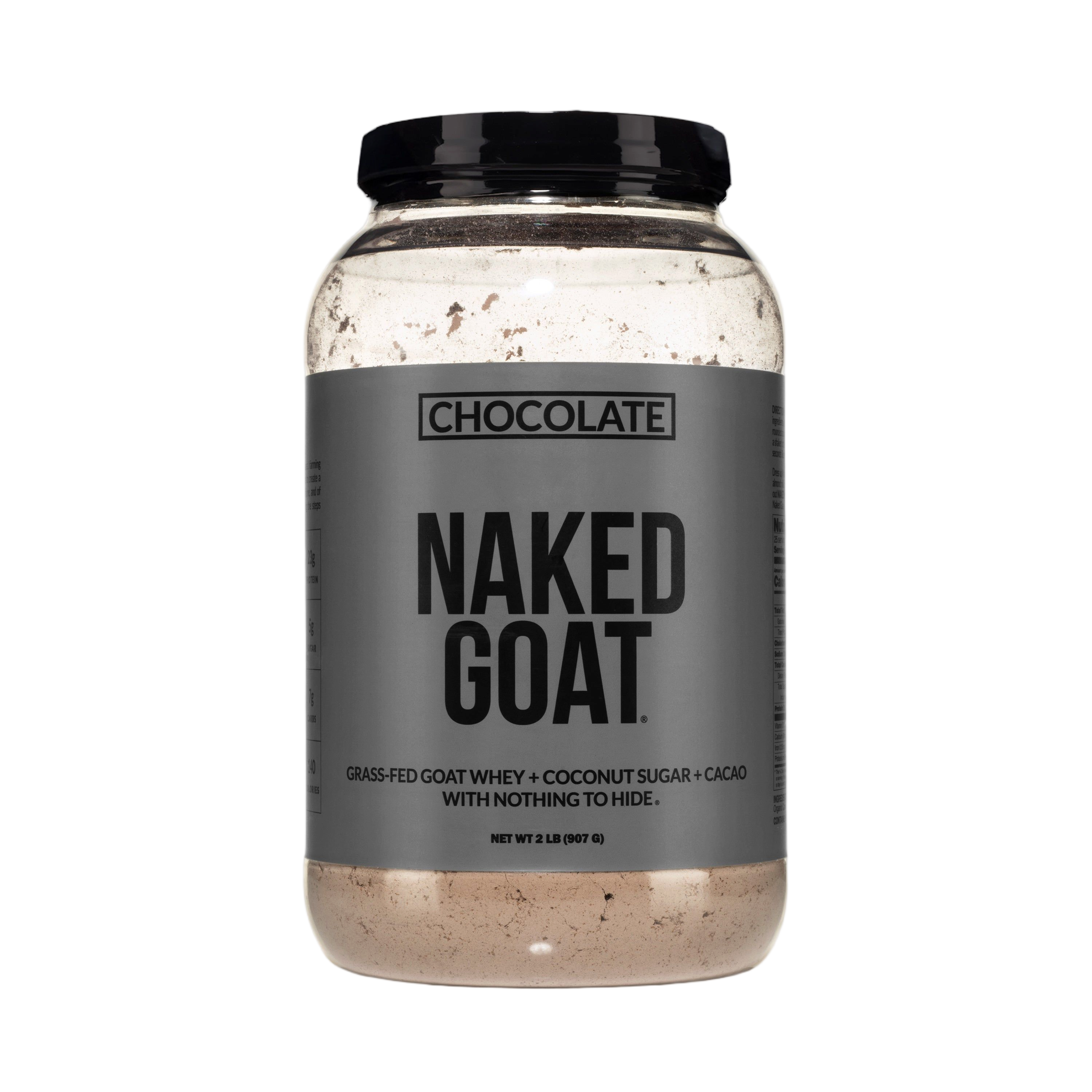 Chocolate goat whey protein powder tub, 2 lb size