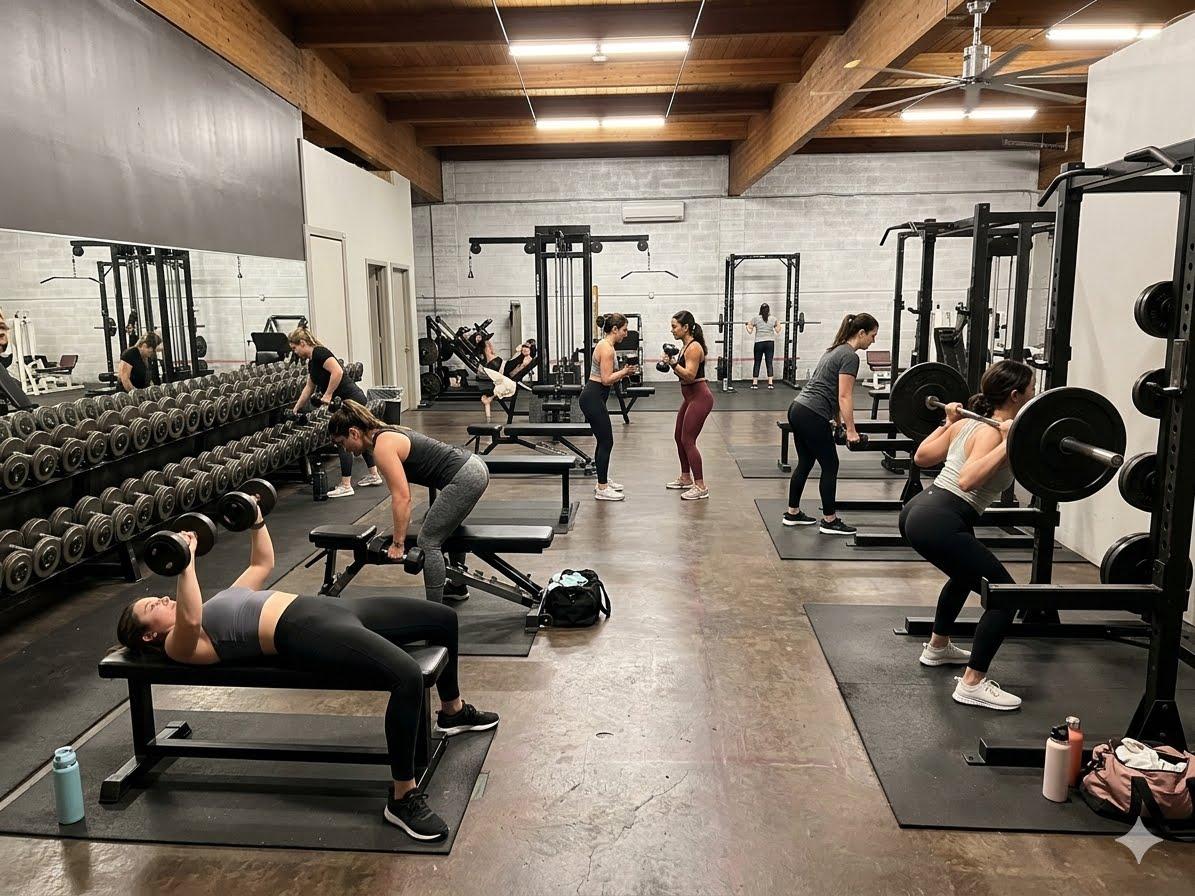 Multiple women performing strength training exercises with dumbbells and barbells in a gym.