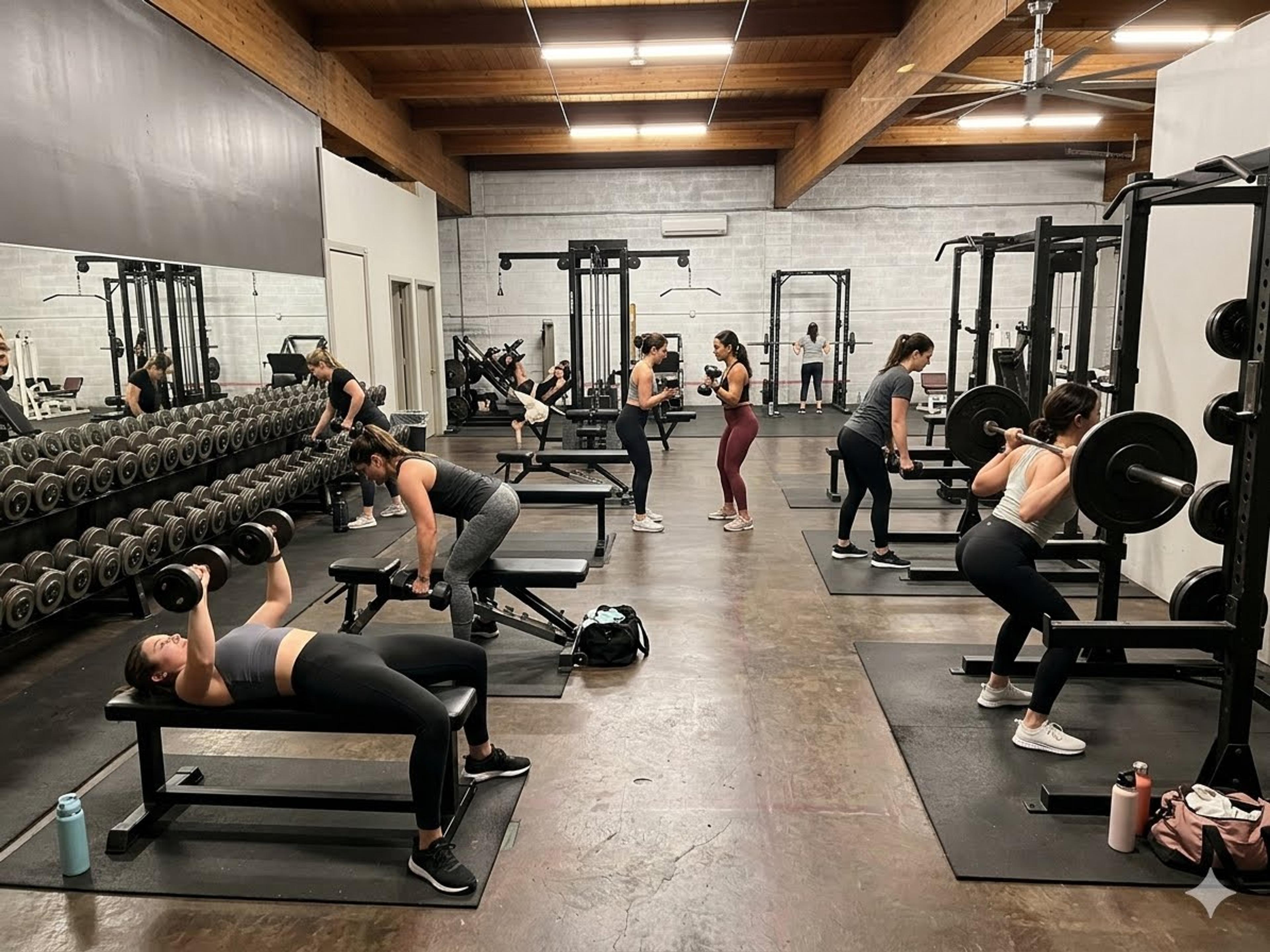 Multiple women performing strength training exercises with dumbbells and barbells in a gym.