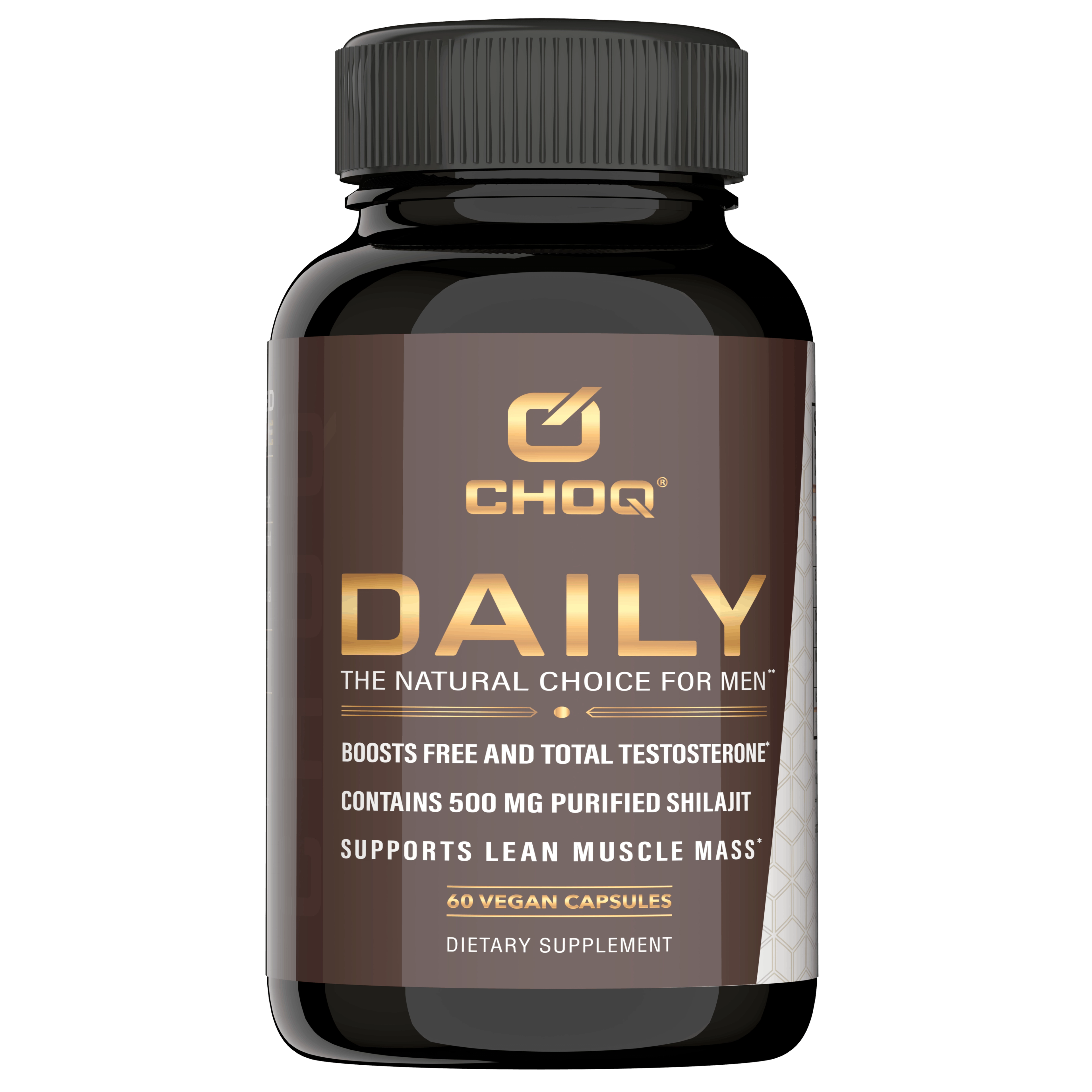 CHOQ DAILY men's dietary supplement bottle with 60 vegan capsules, boosting testosterone and supporting lean muscle mass with shilajit.