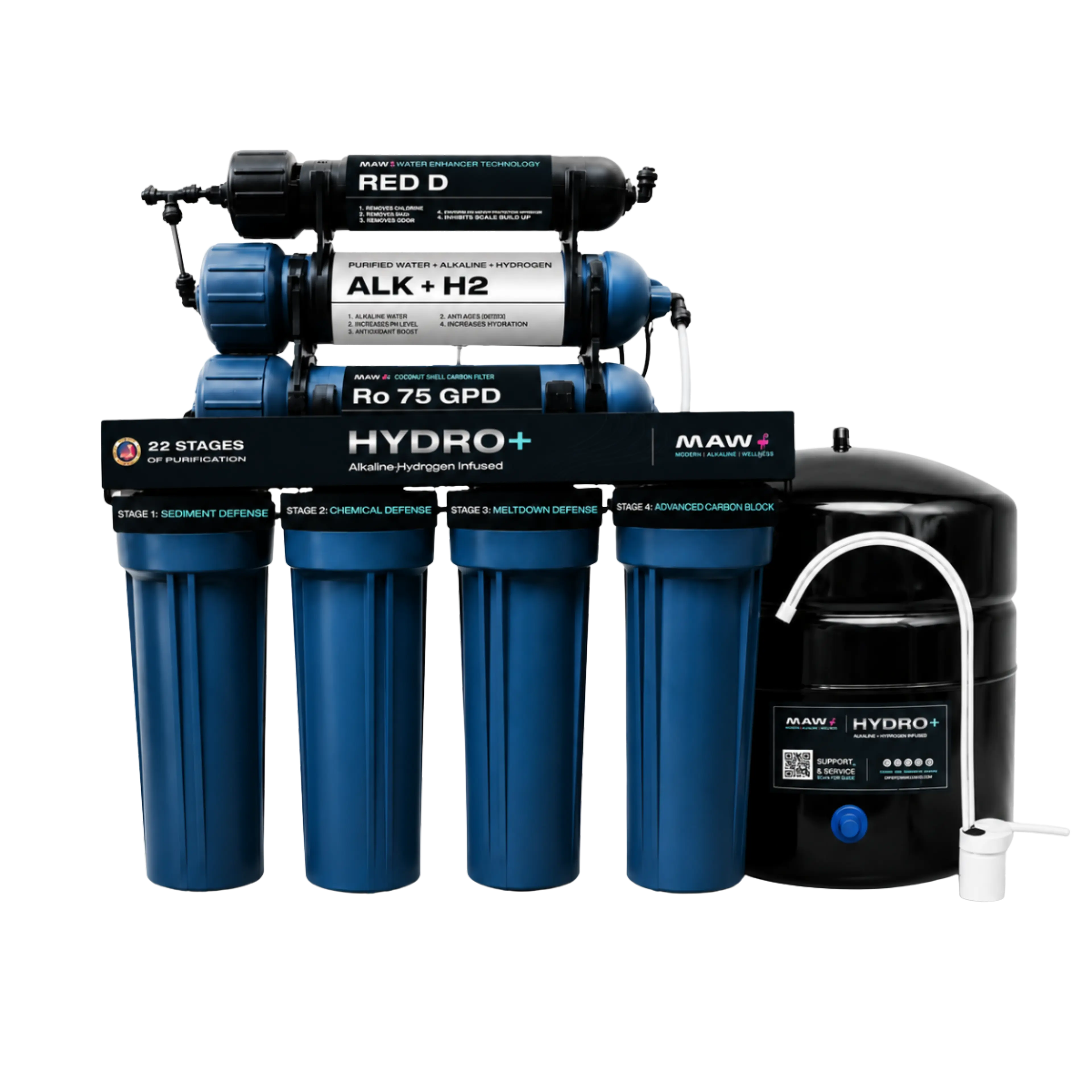 A MAW HYDRO+ 22-stage alkaline hydrogen infused water purification system with blue filters, black tanks, and a white faucet.