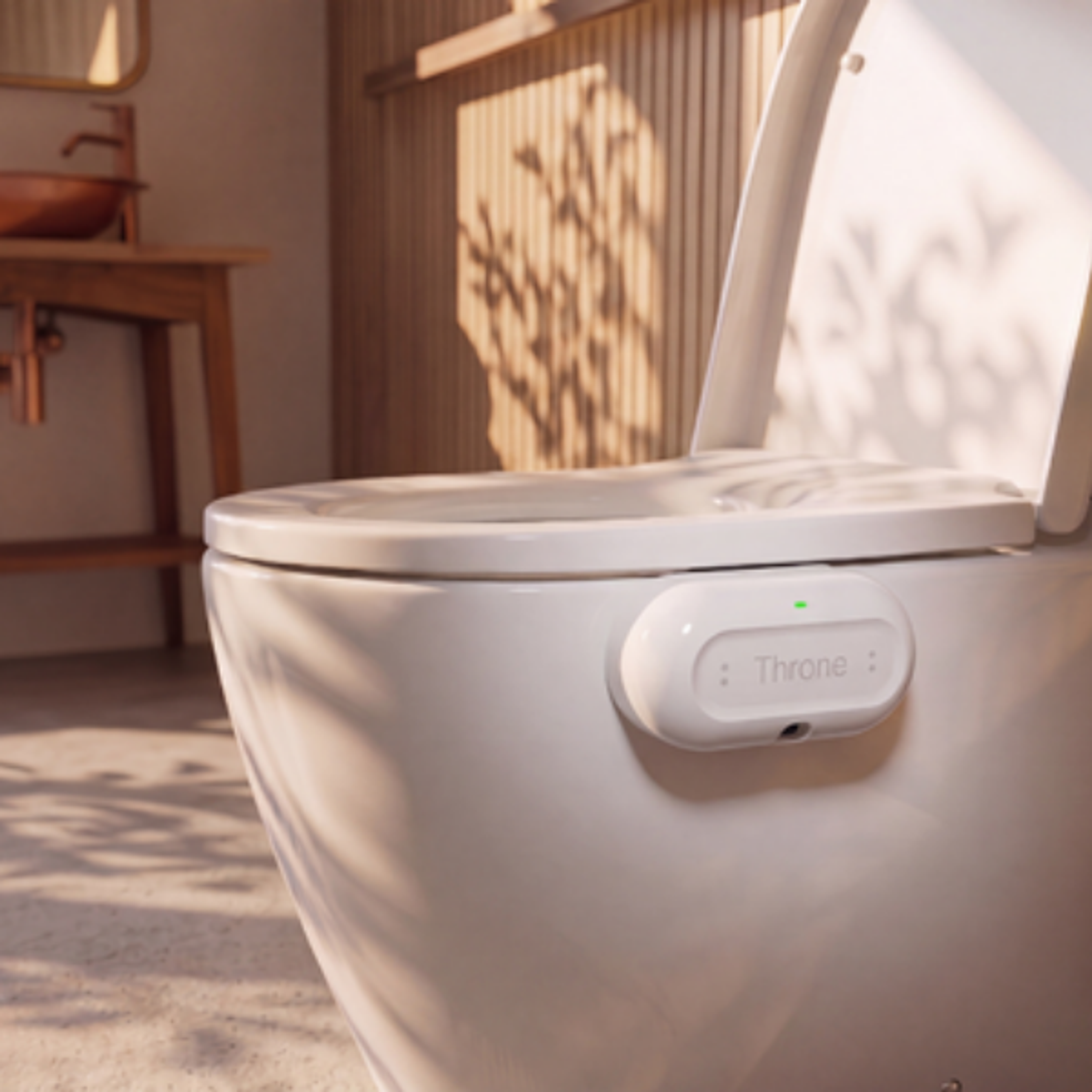 A white toilet with a "Throne" device attached, in a sunlit bathroom.