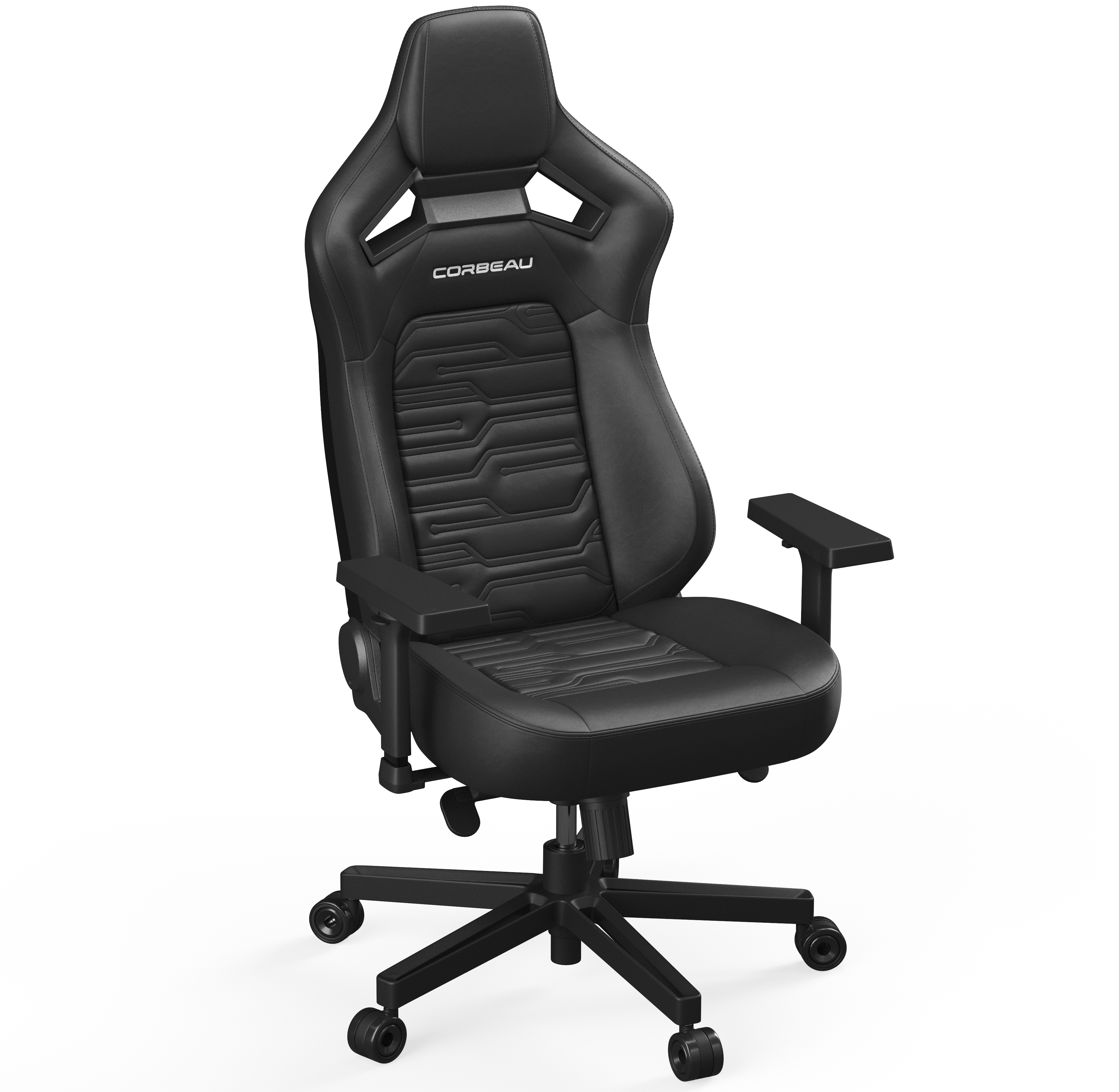 Black Corbeau gaming chair with a circuit pattern.