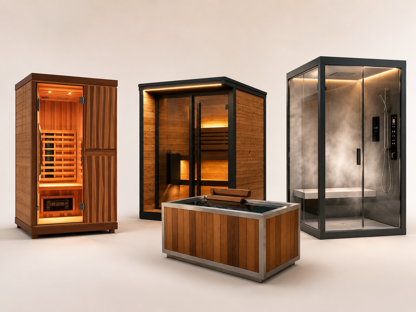 A collection of wellness units: an infrared sauna, a traditional sauna, a cold plunge tub, and a steaming glass shower.