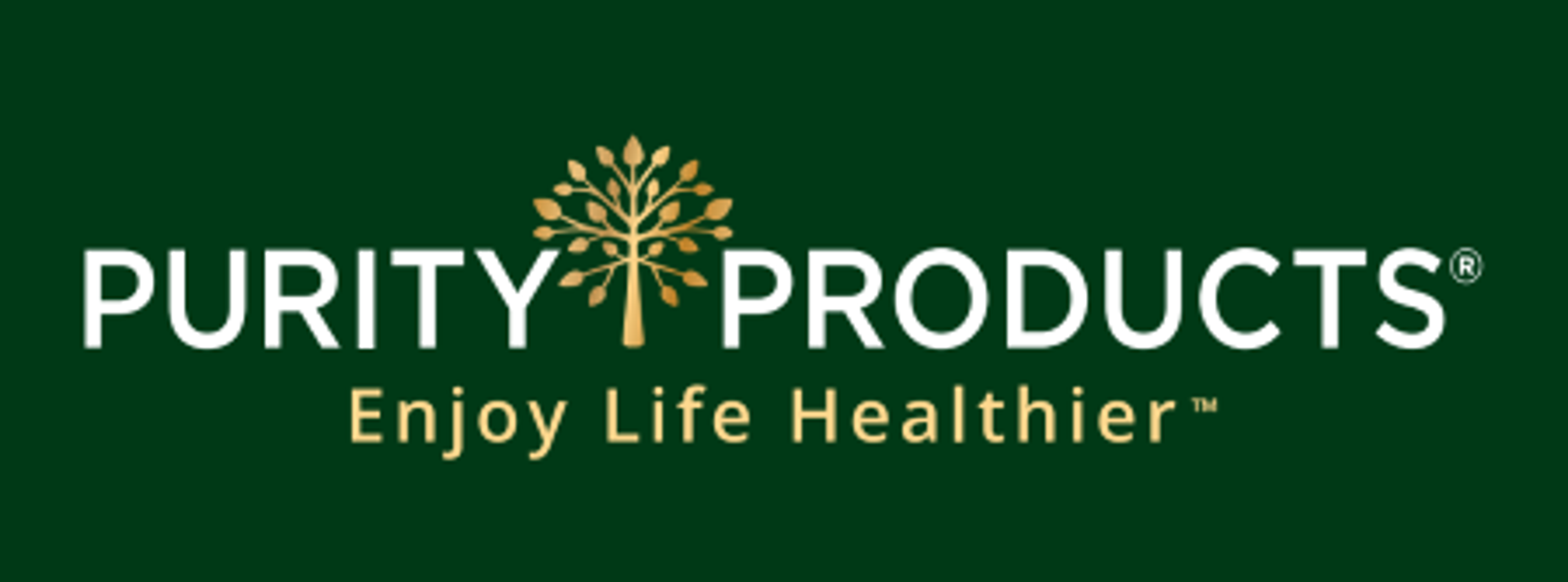 Purity Products logo with a golden tree symbol and the tagline "Enjoy Life Healthier."