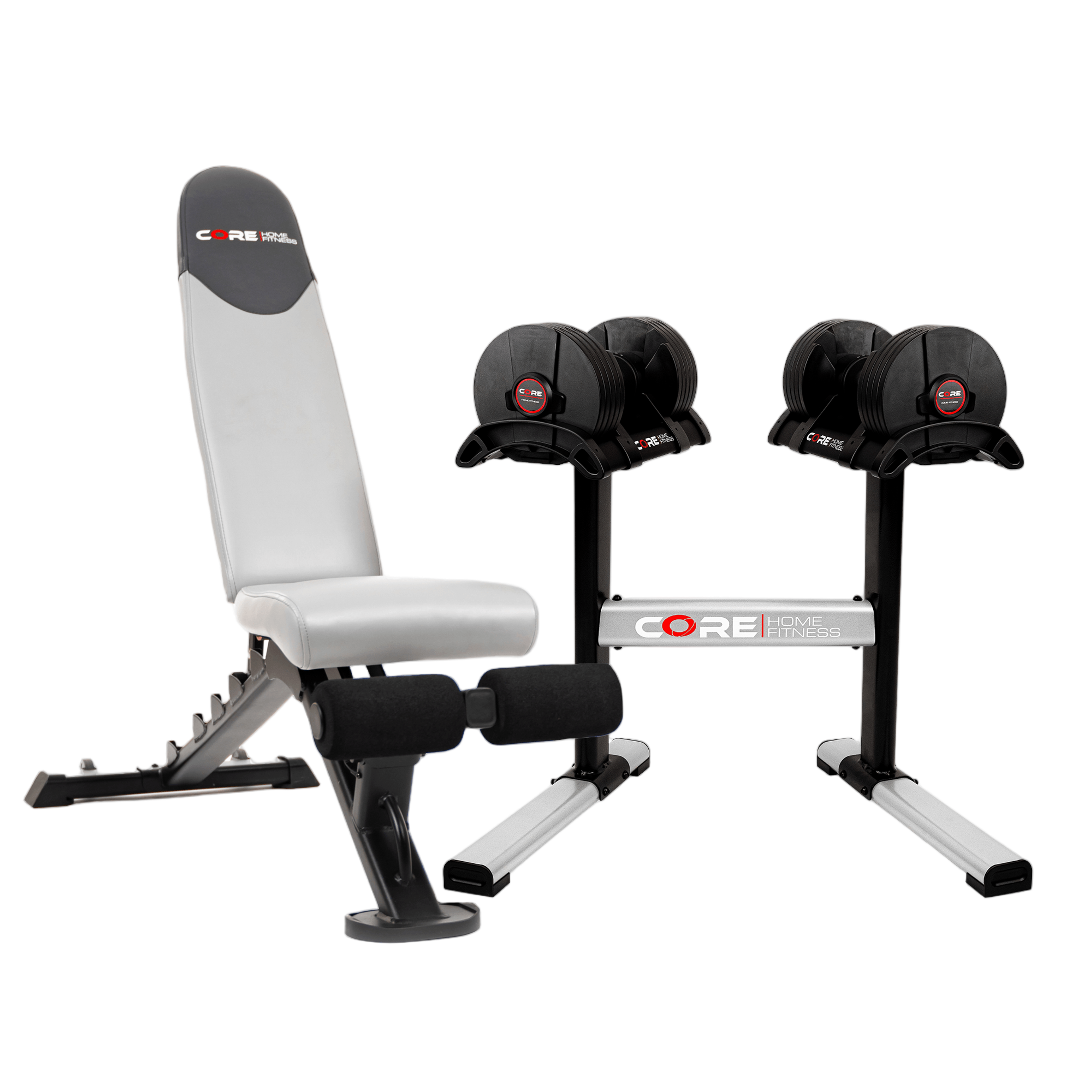 Red adjustable dumbbells set on stand