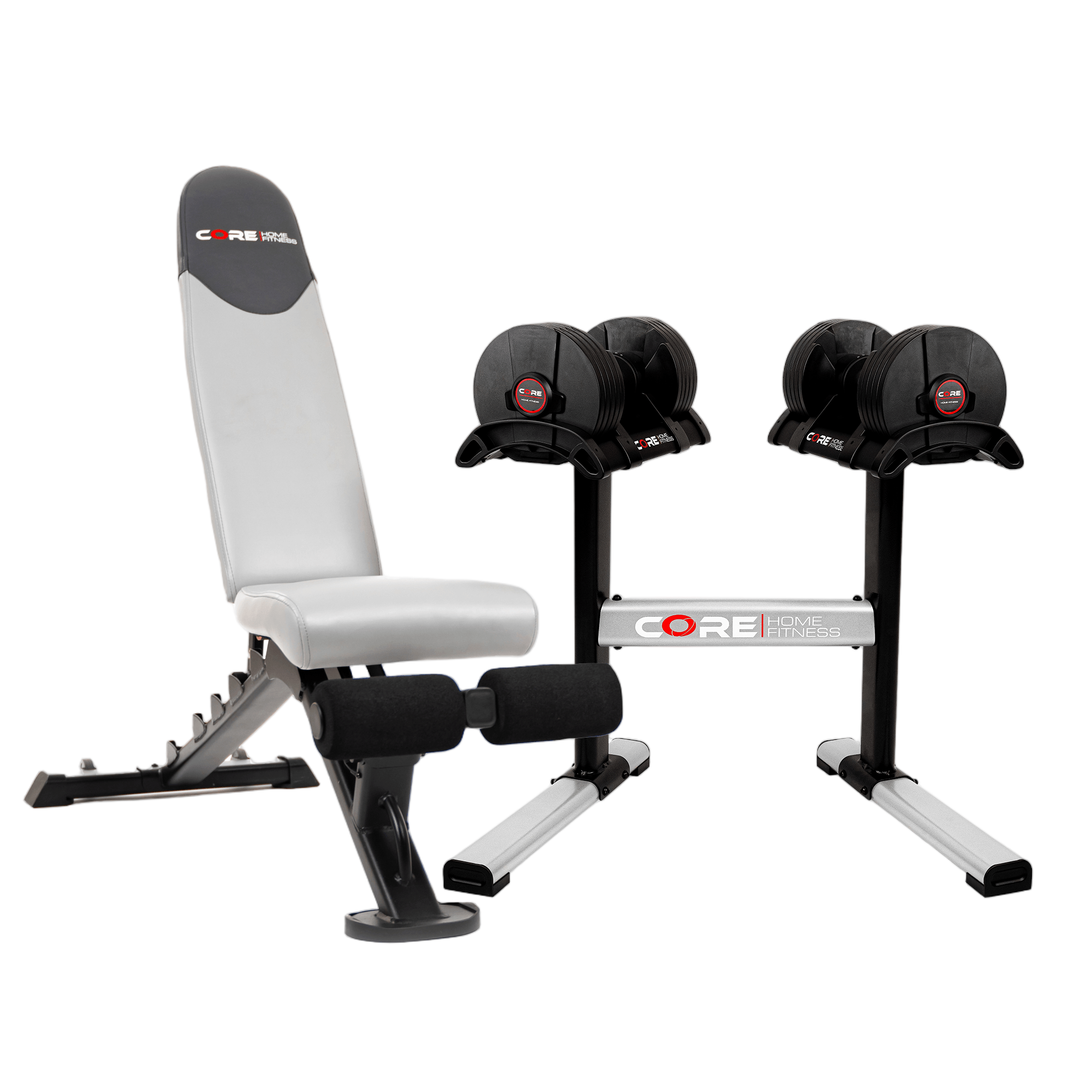 Red adjustable dumbbells set on stand