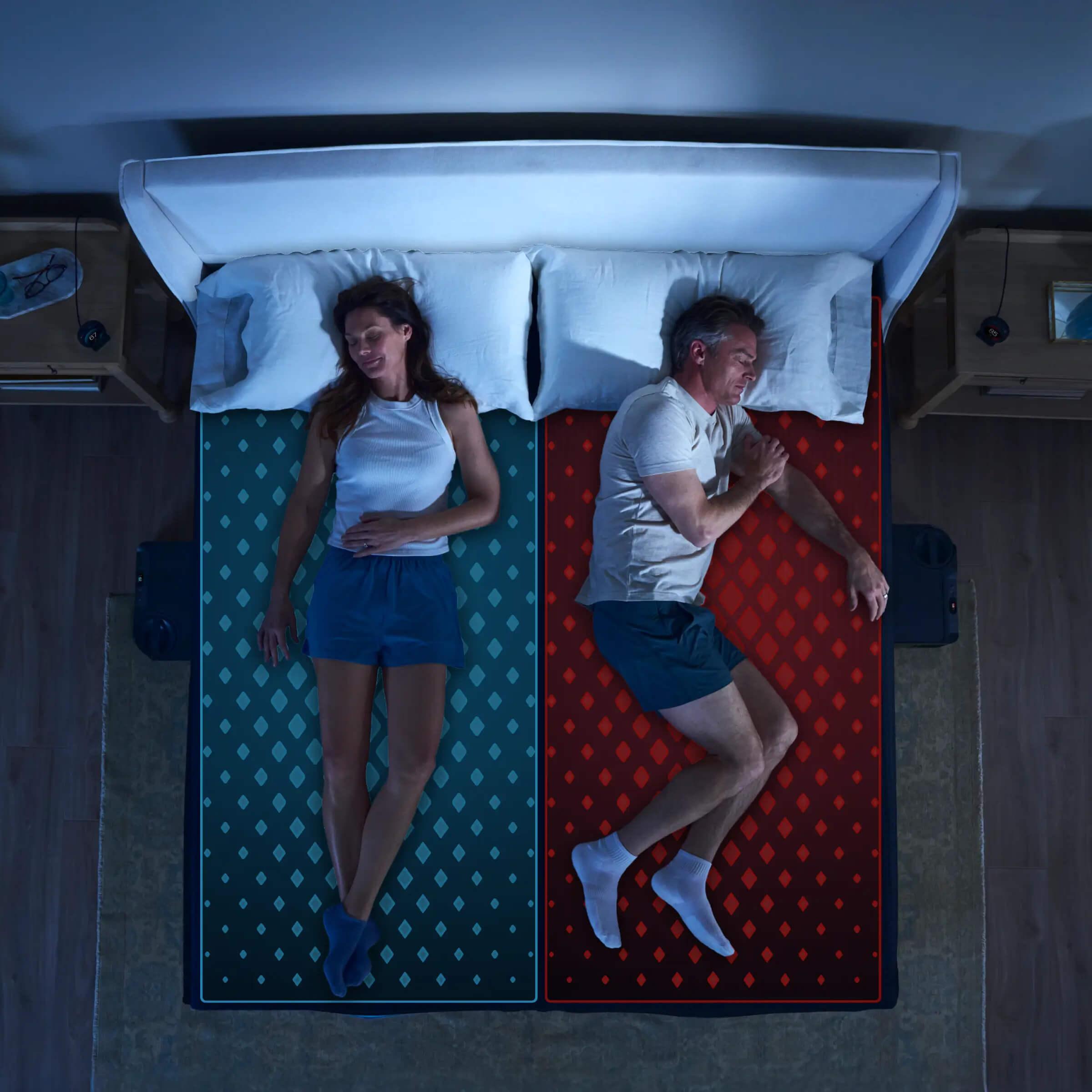 Temperature-controlled mattress showing a blue cooling zone set to 67°F.