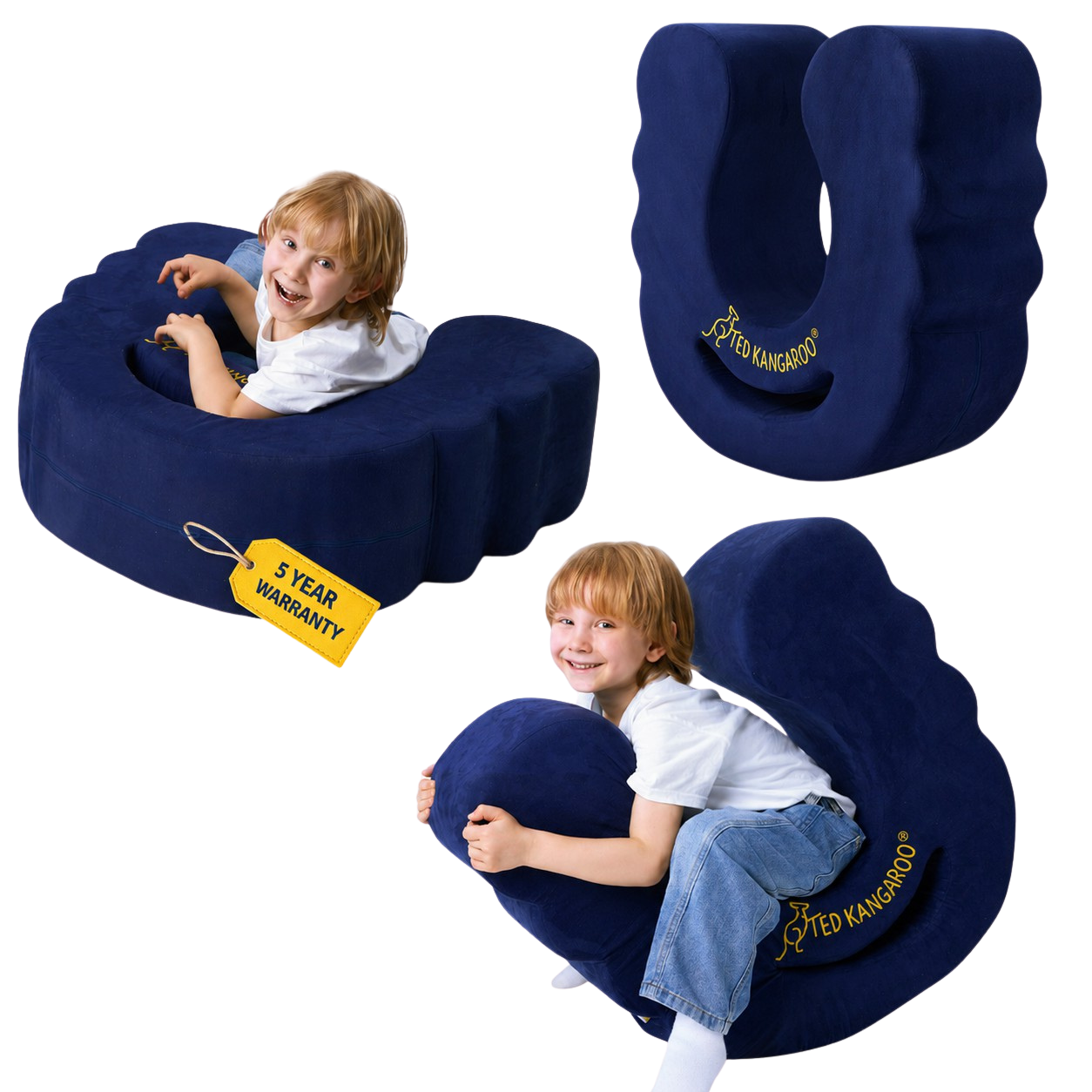 A smiling child demonstrates a dark blue Ted Kangaroo inflatable seat/play cushion in three different configurations, with a '5 Year Warranty' tag visible.
