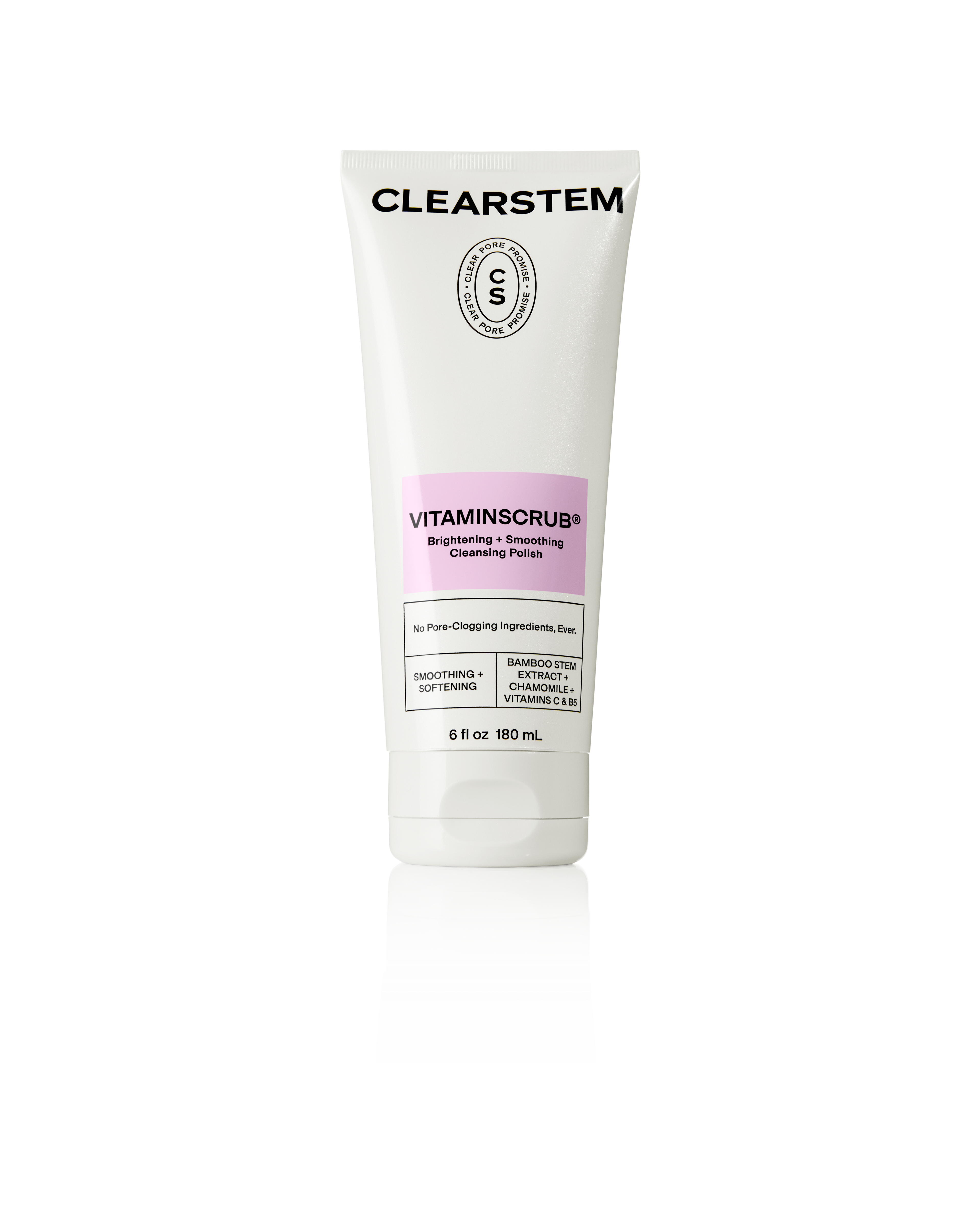 A white tube of CLEARSTEM VITAMINSCRUB Brightening + Smoothing Cleansing Polish.