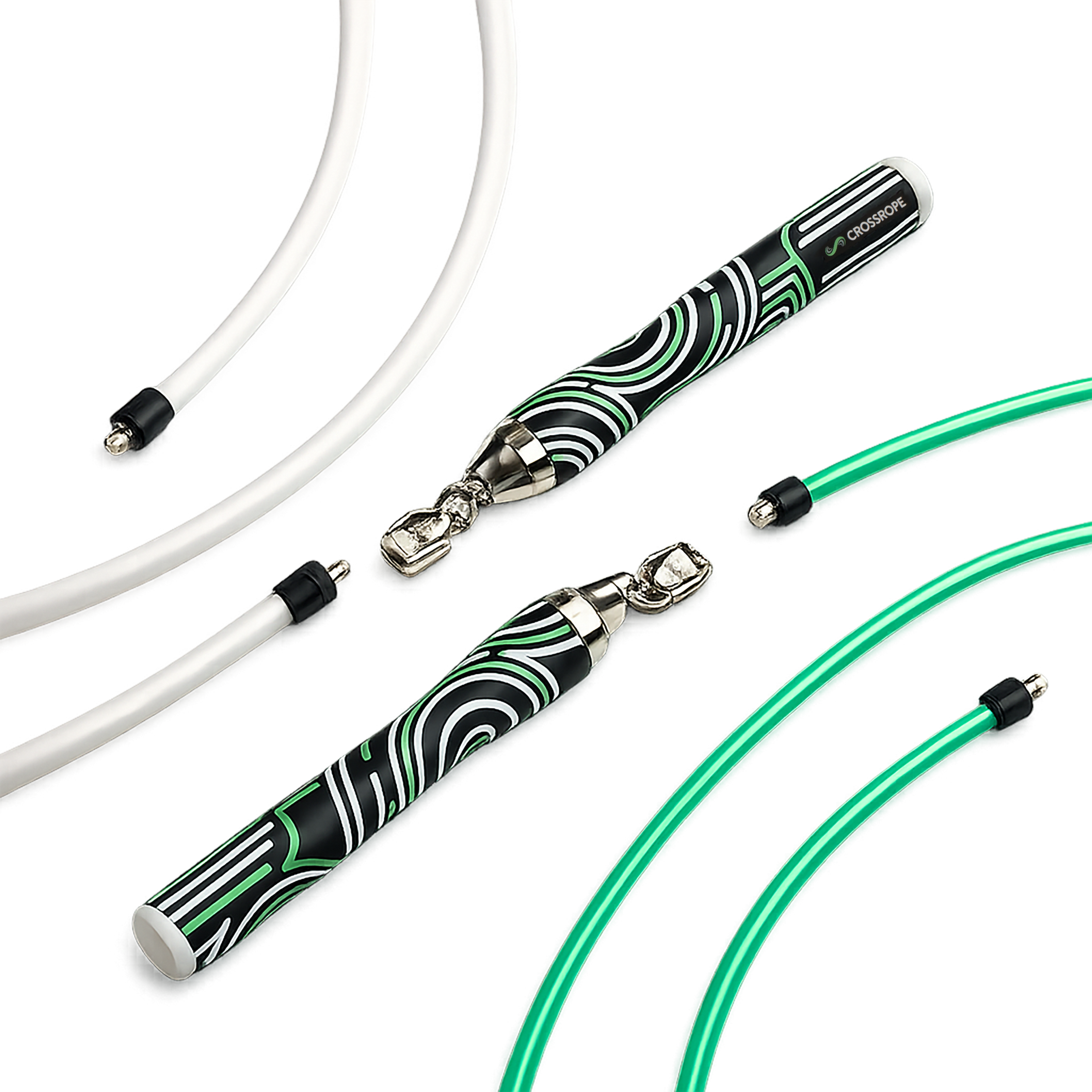 Crossrope interchangeable jump rope system with two patterned handles, two white ropes, and two green ropes.