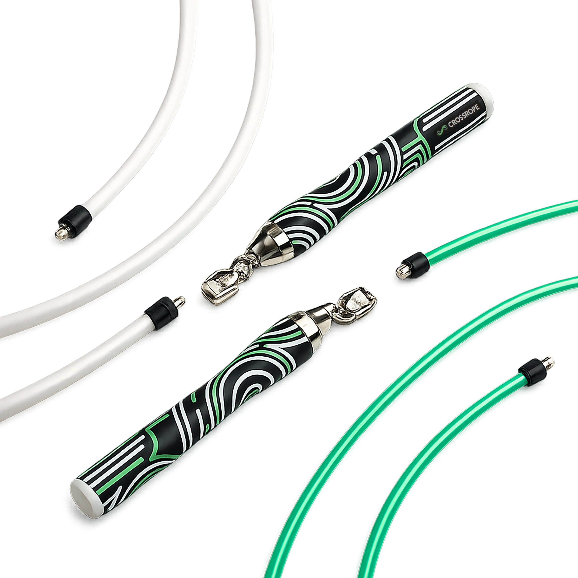 Crossrope interchangeable jump rope system with two patterned handles, two white ropes, and two green ropes.