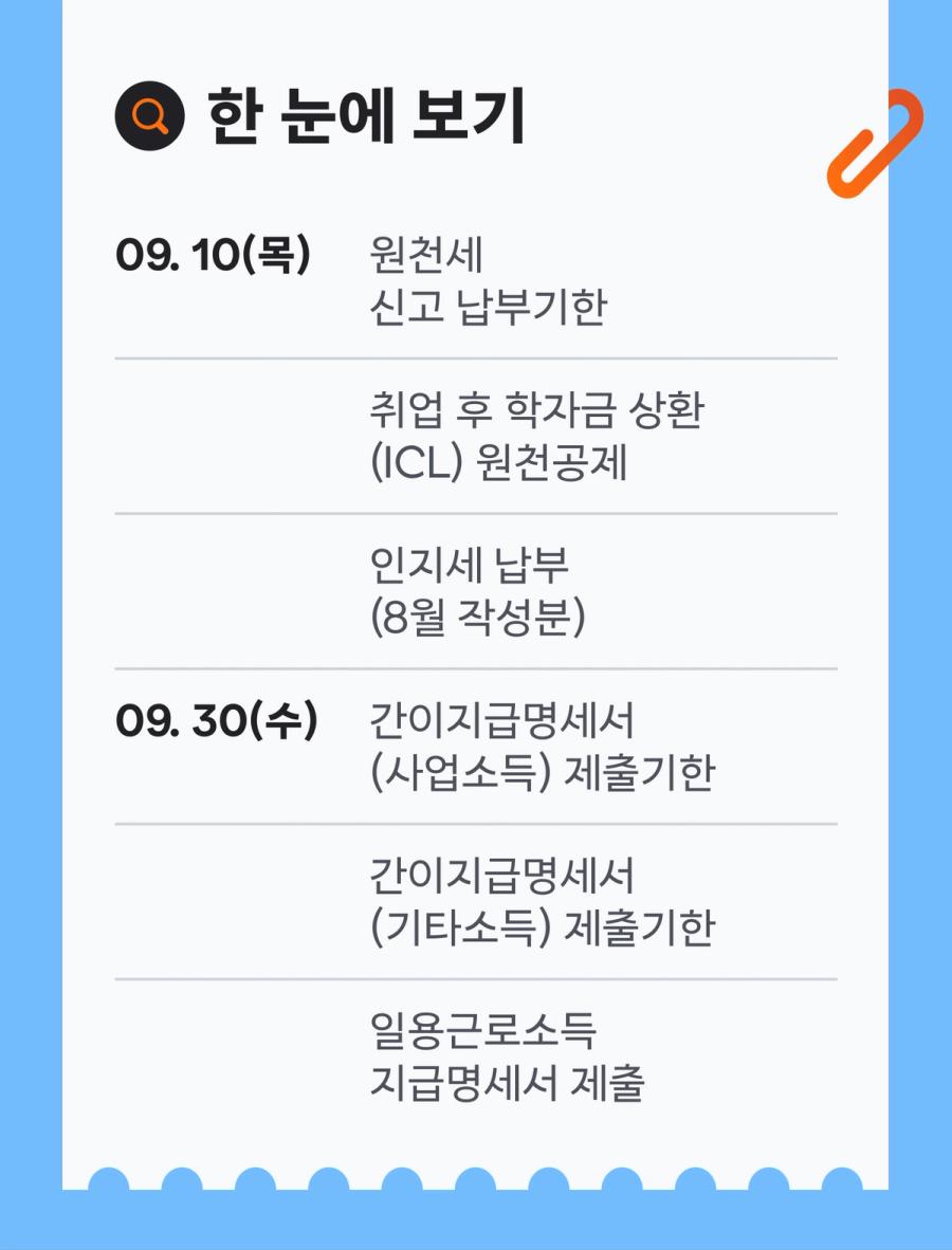 2026년 9월 소상공인 세무일정 한눈에 보기 - 원천세, 학자금 상환 원천공제, 인지세, 지급명세서 마감일