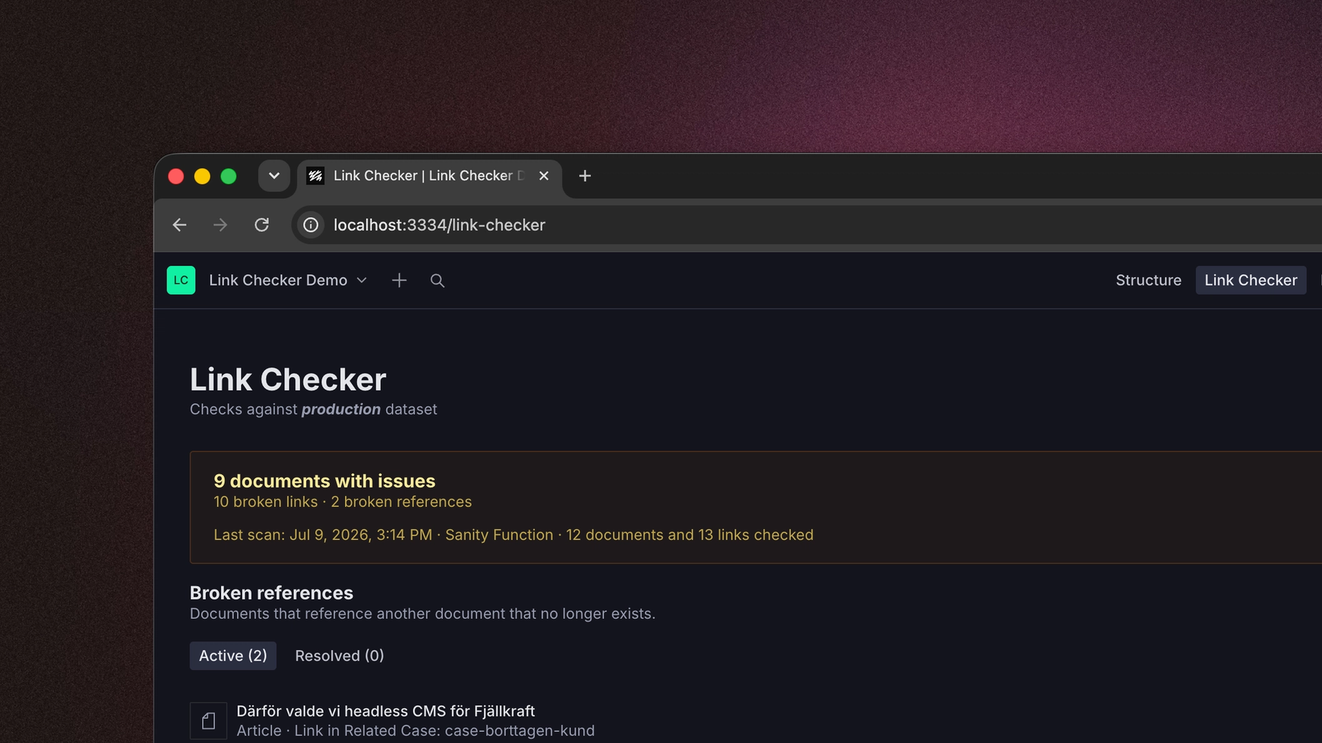 Rapportsidan för verktyget link checker i Sanity Studio