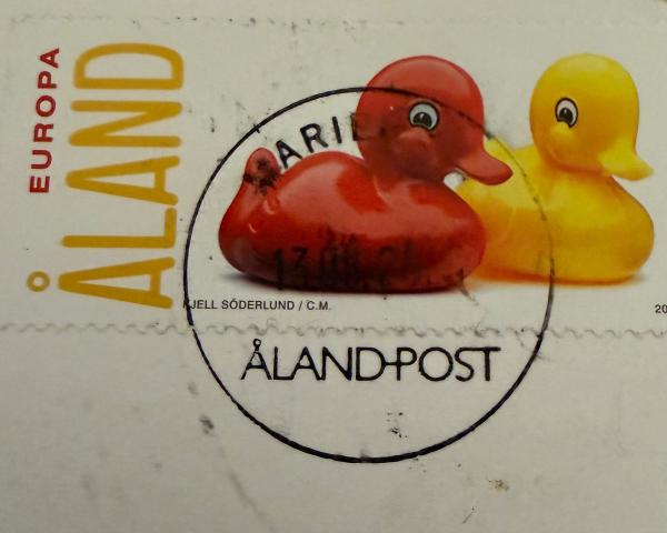 Postmark and stamps on the postcard from Åland, Finland