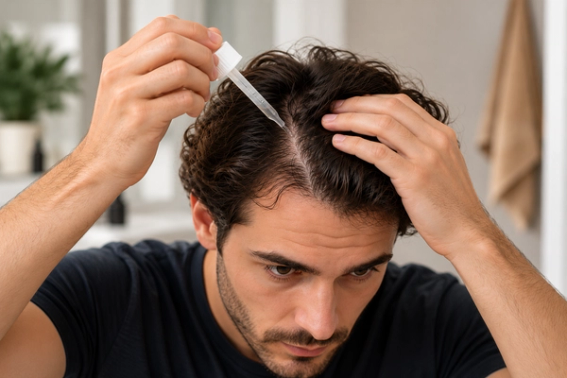 Persona che applica Minoxidil sulla cute
