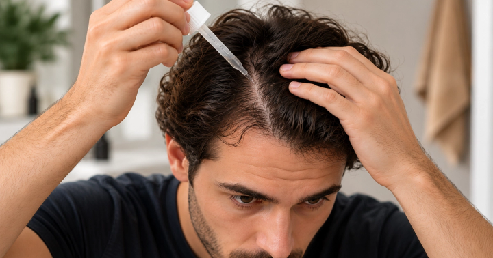 Persona che applica Minoxidil sulla cute