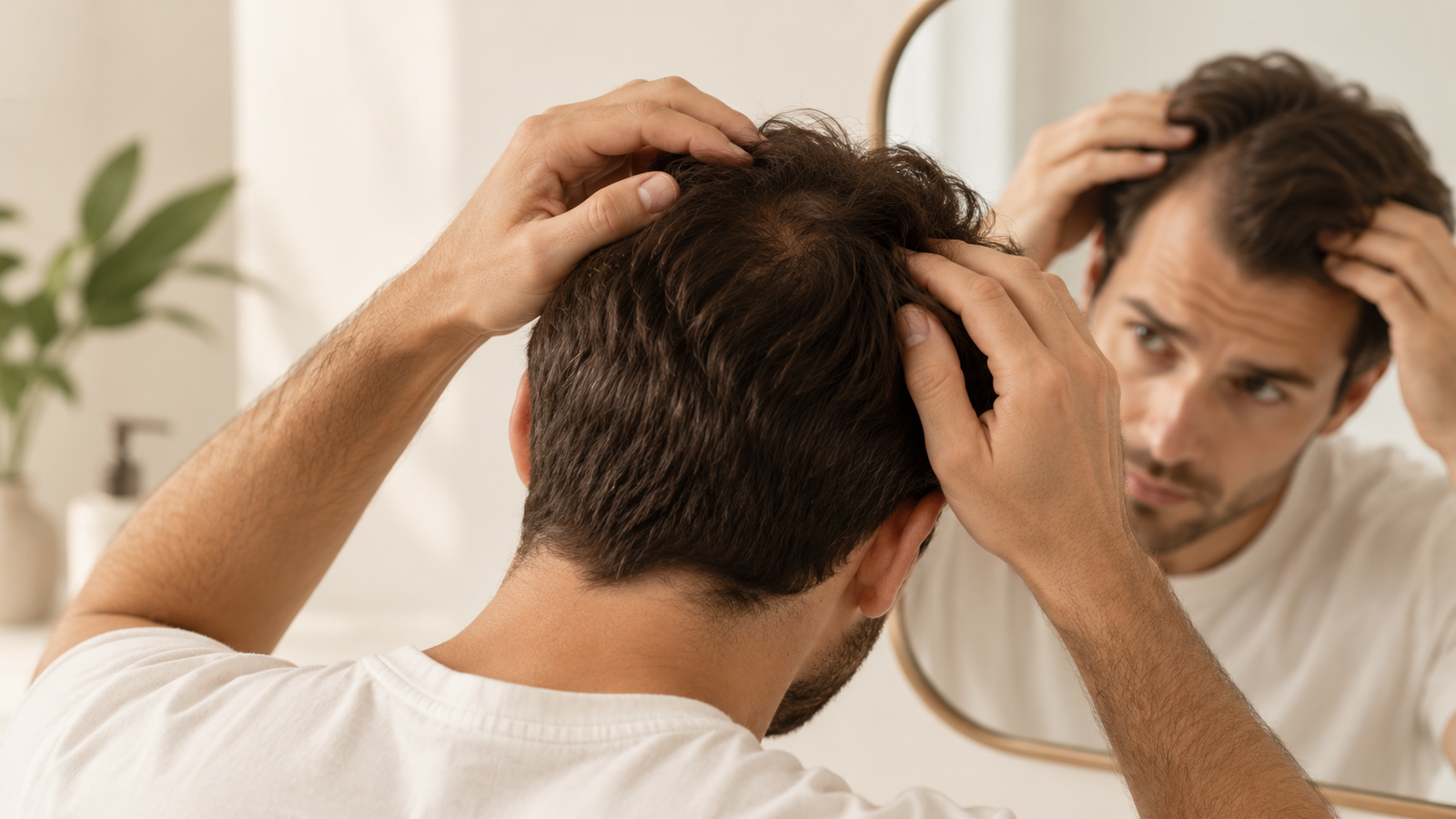 Uomo che controlla il diradamento dei capelli e l’alopecia androgenetica allo specchio
