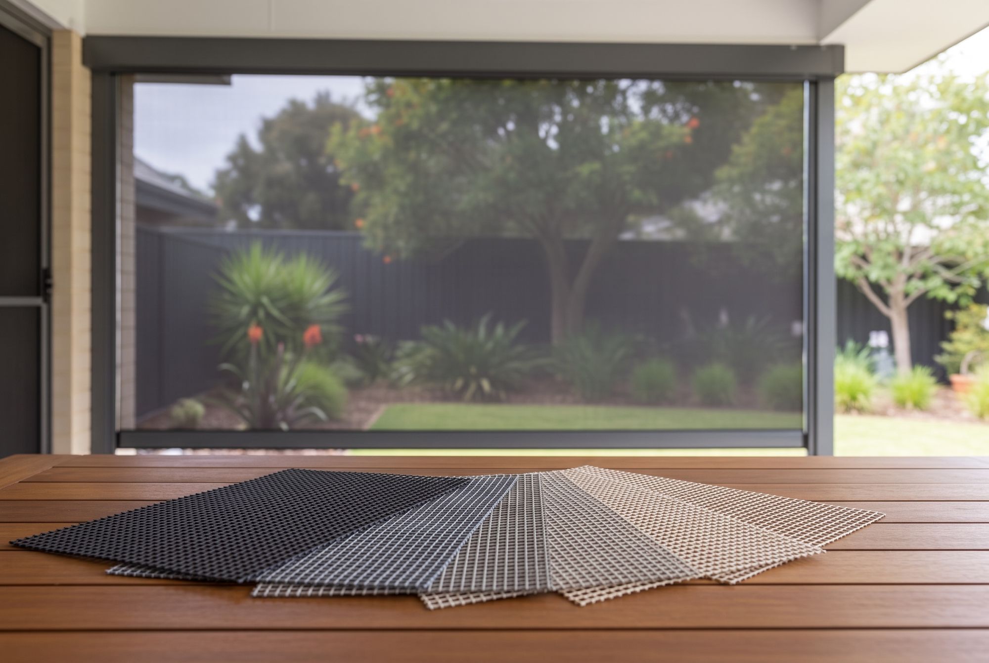 Outdoor mesh screen samples from dense to open weave in front of an outdoor blind in side channels
