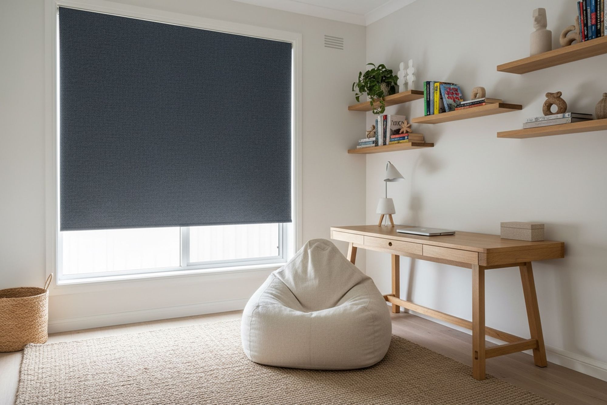 Teen bedroom with a slate-blue blockout roller blind, desk and beanbag