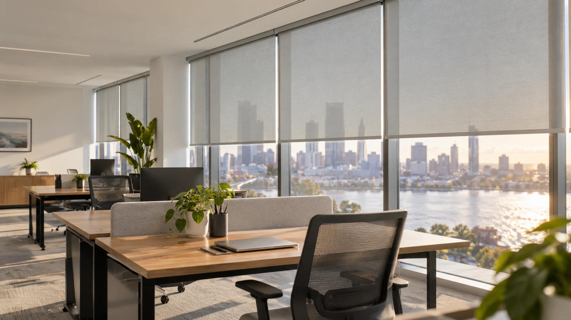 Modern Perth office with sunscreen roller blinds and a river-and-skyline view at golden hour