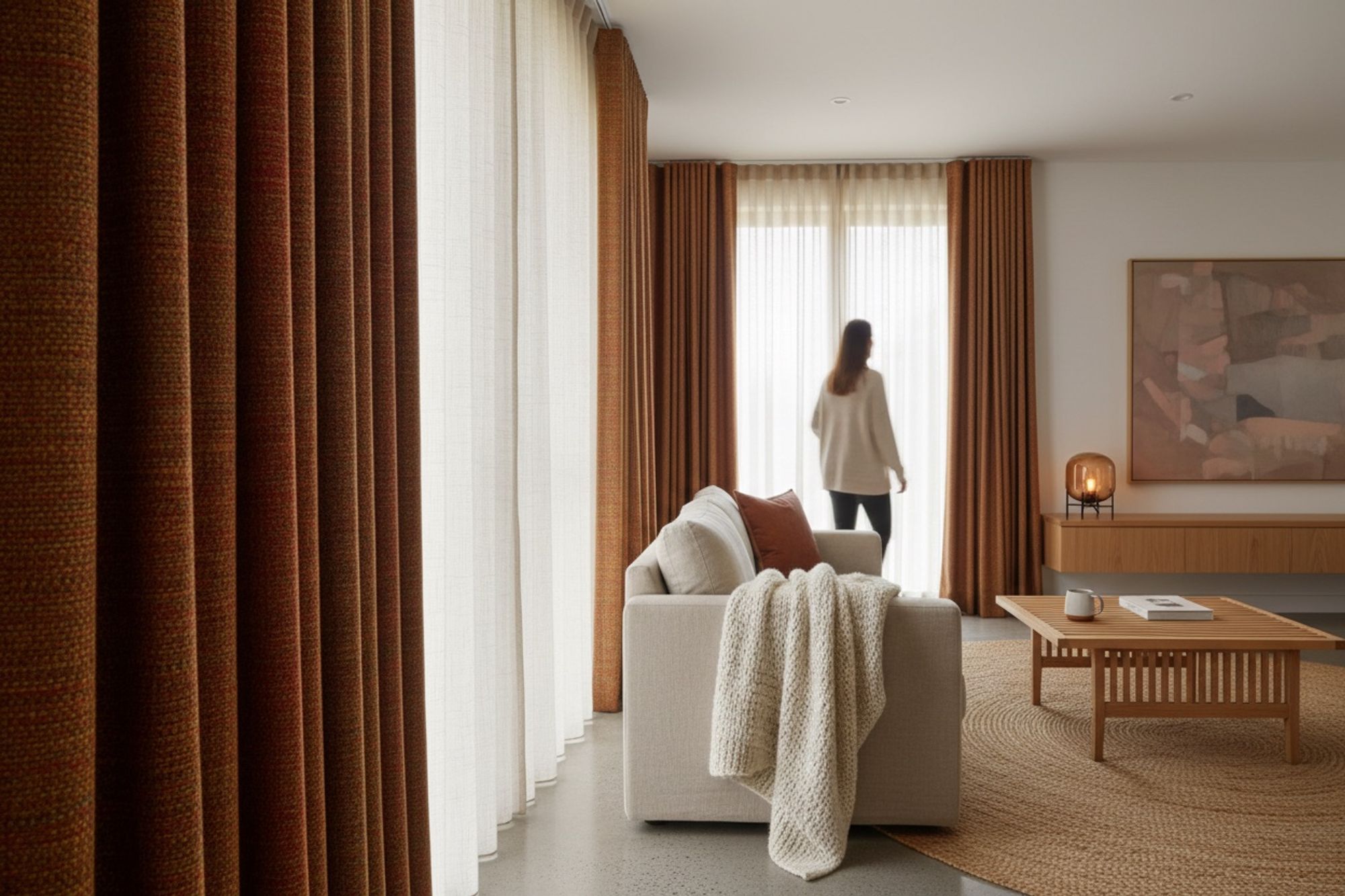 Autumn living room with warm rust curtains layered over white sheers