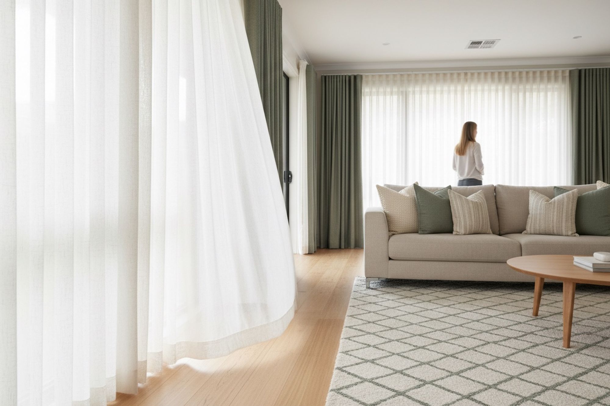 Ivory sheers layered with sage green curtains in a living room